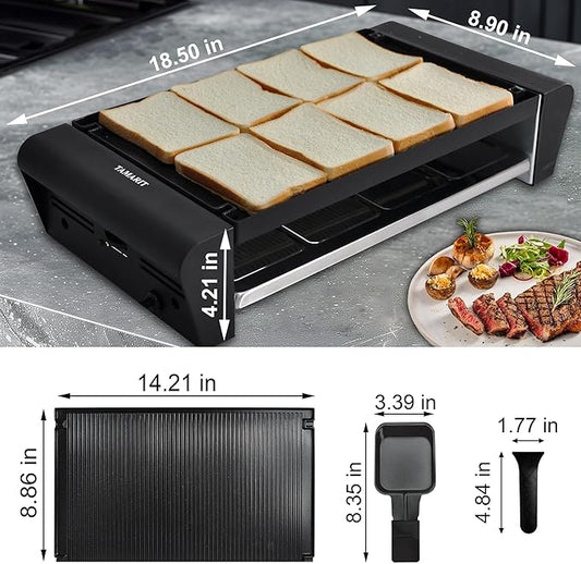TAMARIT Raclette Table Grill for 8, 2 in 1 Small Swiss Style PFAS-No Nonstick Reversible Grill/Griddle Plate Adjustable Temperature Control 1300 W, 8 Raclette Cheese Pans Black