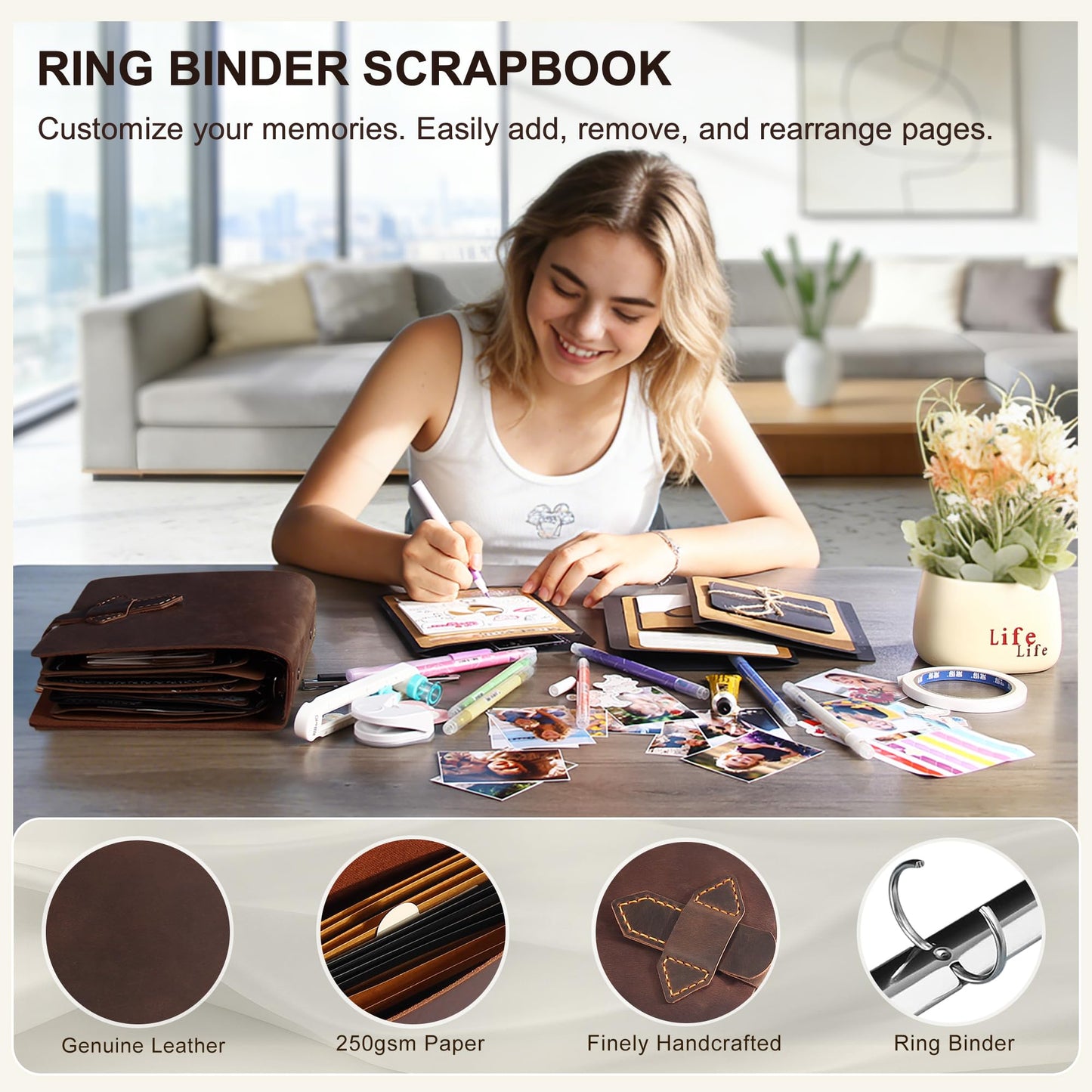 Handmade Genuine Leather Scrapbook Photo Album – DIY 3D Interactive Memory Book for Wedding, Baby, Family Photos (Travel, Anniversary, Birthday Gift)- D.Brown