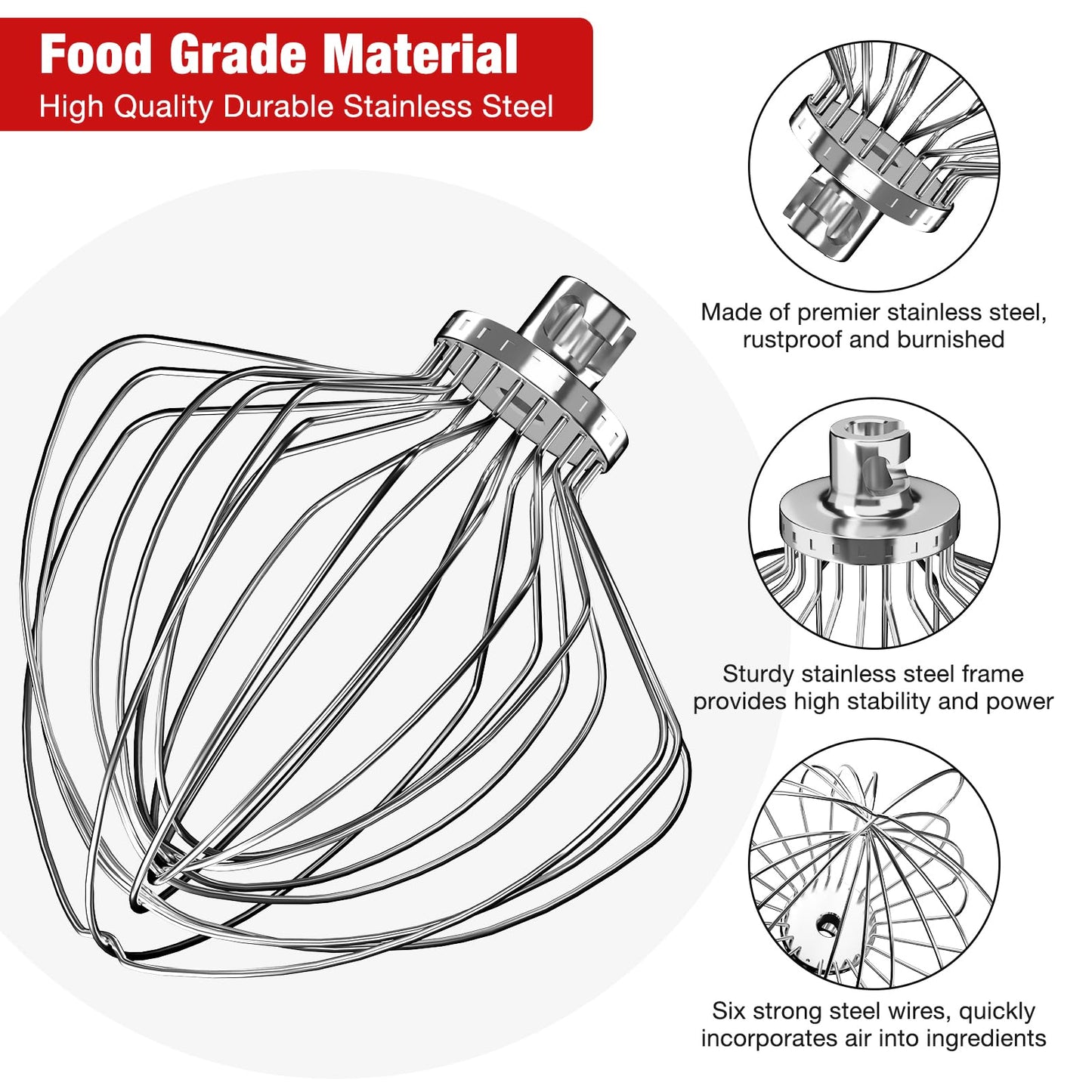 KN211WW Stainless Steel 11-Wire Whip Attachment for KitchenAid Bowl-Lift Mixer 7 Quart Bowl, Stainless Steel Whisk Replacement for Kitchen Aid Mixer, Dishwasher Safe, Egg Heavy Cream Beater.