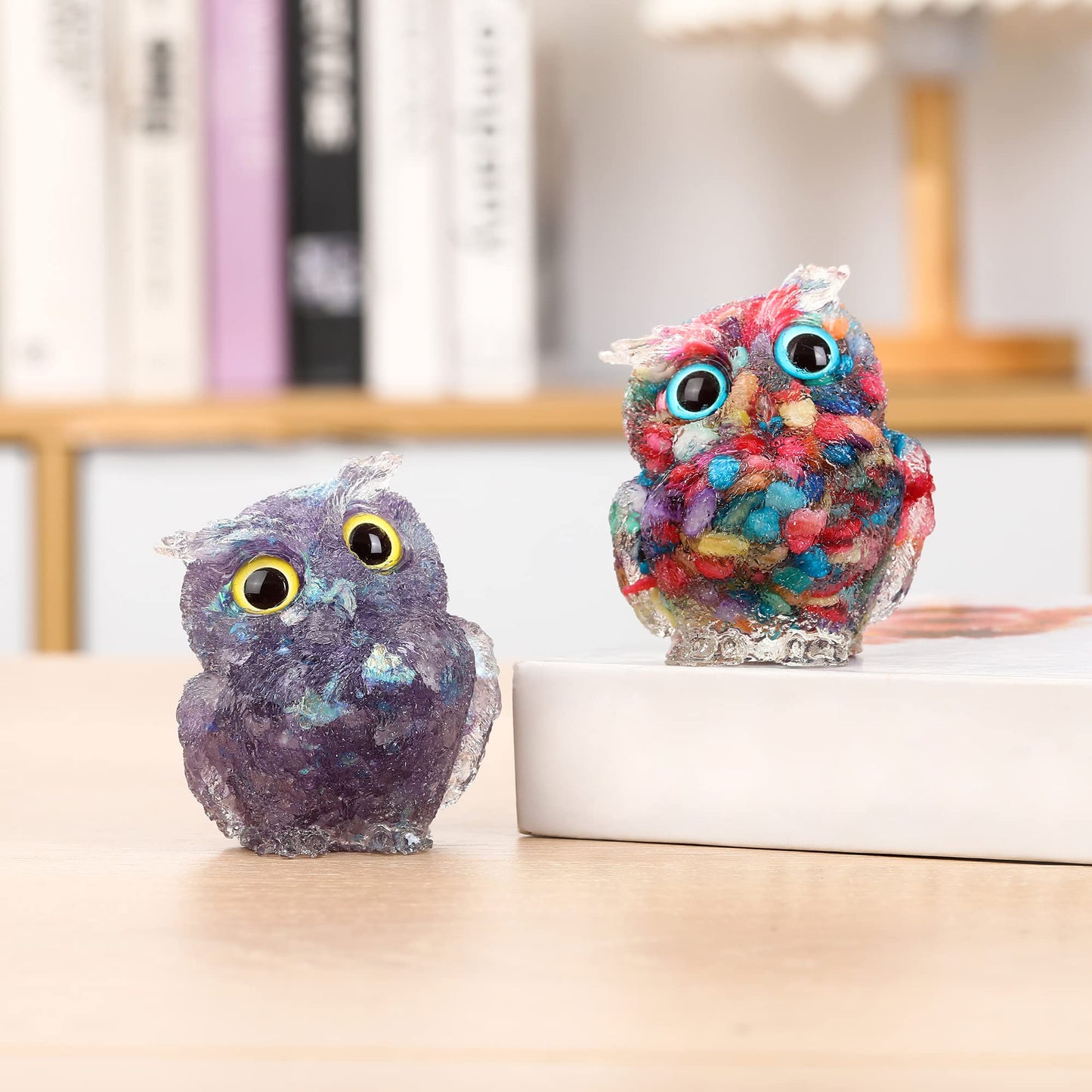 Reyife Hand-Carved Natural Crystal Owl Statue Reiki Healing Gemstone Animal Figurines Home Office Car Decoration The Best Gifts 2.4 inches