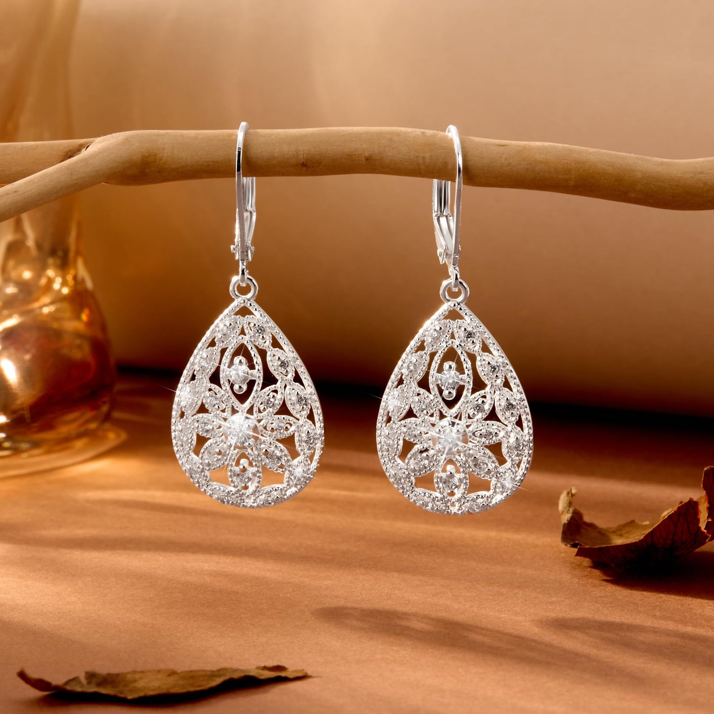 Sterling Silver Earrings Filigree Dangle Drop Leverback Earrings for Women Cubic Zirconia Drop Earring Hypoallergenic Leverback Teardrop Dangle Filigree Earrings Silver Jewelry for Gifts