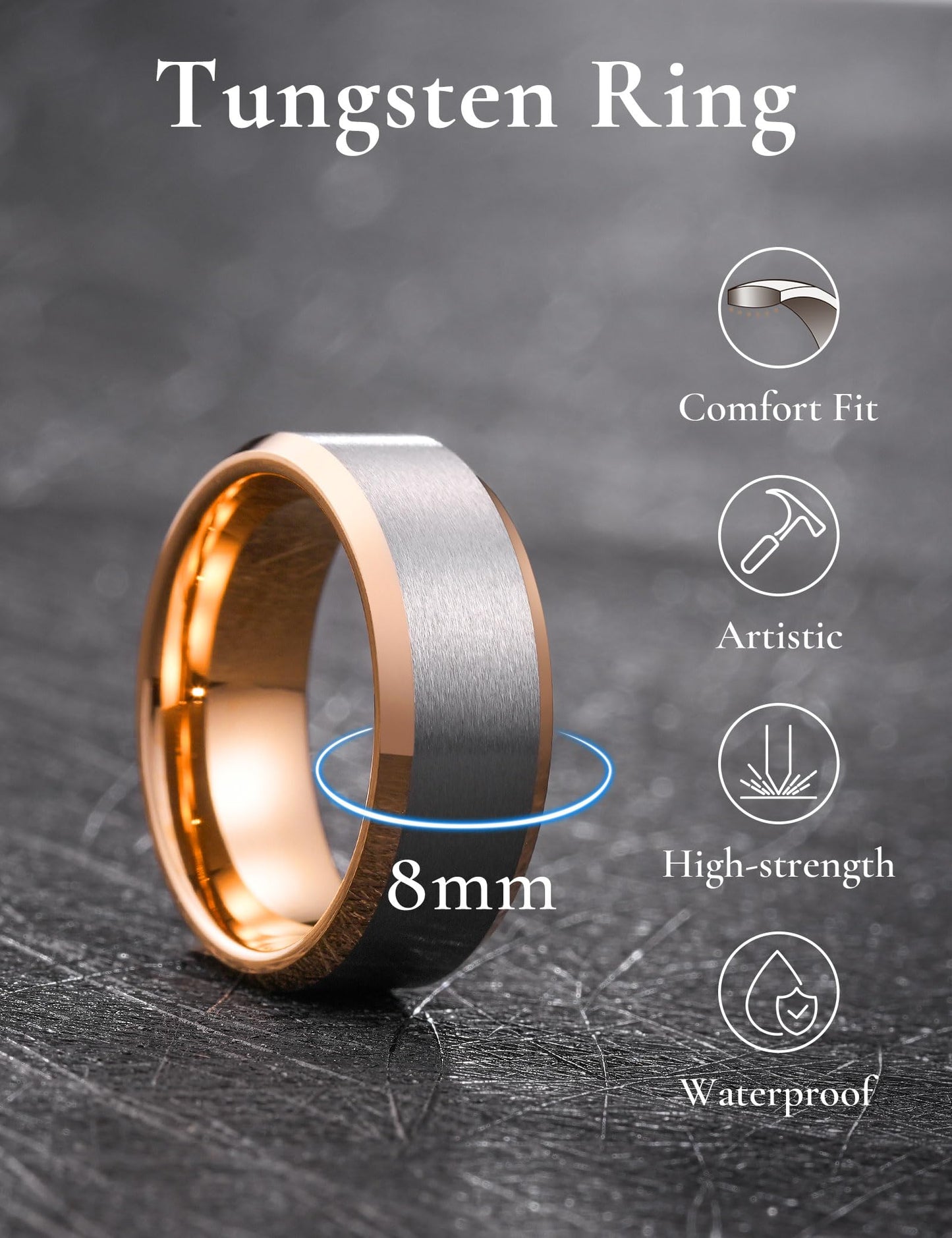 King Will 8mm Classic Tungsten Rings for Men Two-Tone Mens Wedding Bands Simple Engagement Promise Ring Matte Brushed Beveled Edges Comfit Fit Durable, Silver & Rose Gold Plated Size 7