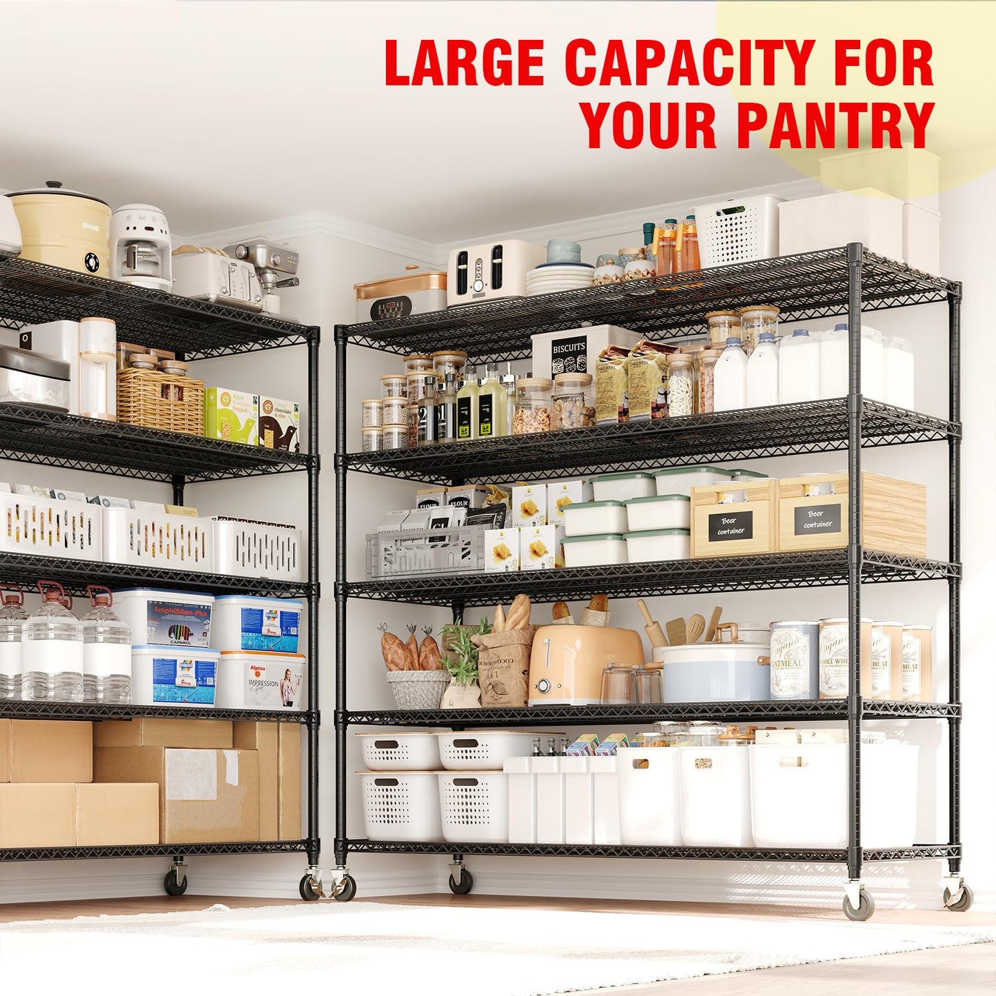 MilleLoom 82" H Storage Shelves with Wheels, 5-Tier Metal Shelving Unit Load 3300LBS Capacity, Adjustable Wire Shelf Rack w/Feets, Heavy Duty Storage Shelving for Garage Pantry Rooms, 59" W X 24" D
