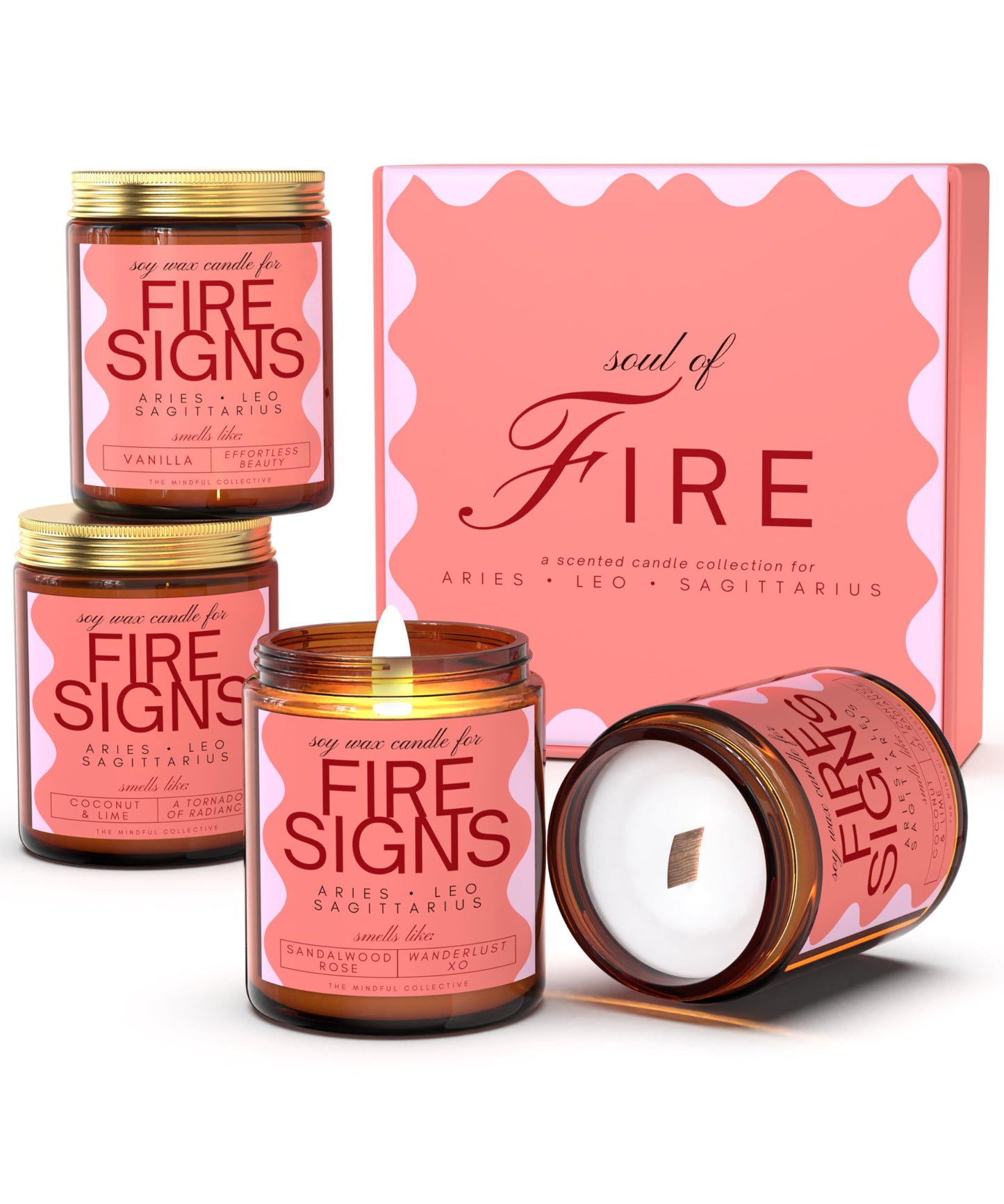 Aries, Leo, Sagittarius Gifts for Women - Wood Wick Candles, 4 Pack Small Scented Candles Set for Women. 6oz Natural Soy Wax, Aromatherapy Set for Home. Zodiac Astrology Birthday Spiritual Gifts