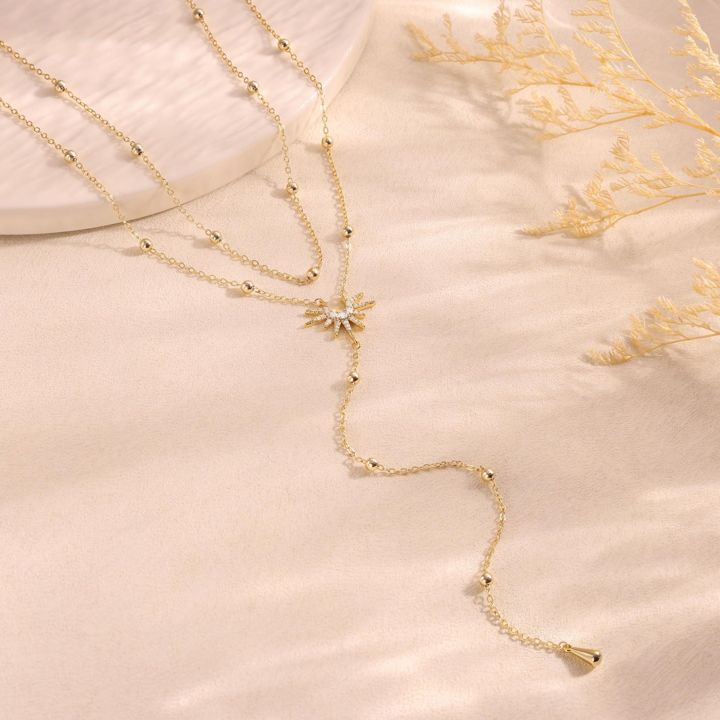 CHESKY Lariat Gold Necklace for Women, Dainty Long Necklace 14k Gold Plated Y-Shaped Pendant Necklace Trendy Layered Cz Beaded Chain Drop Necklaces Simple Gold Jewelry for Women Gifts