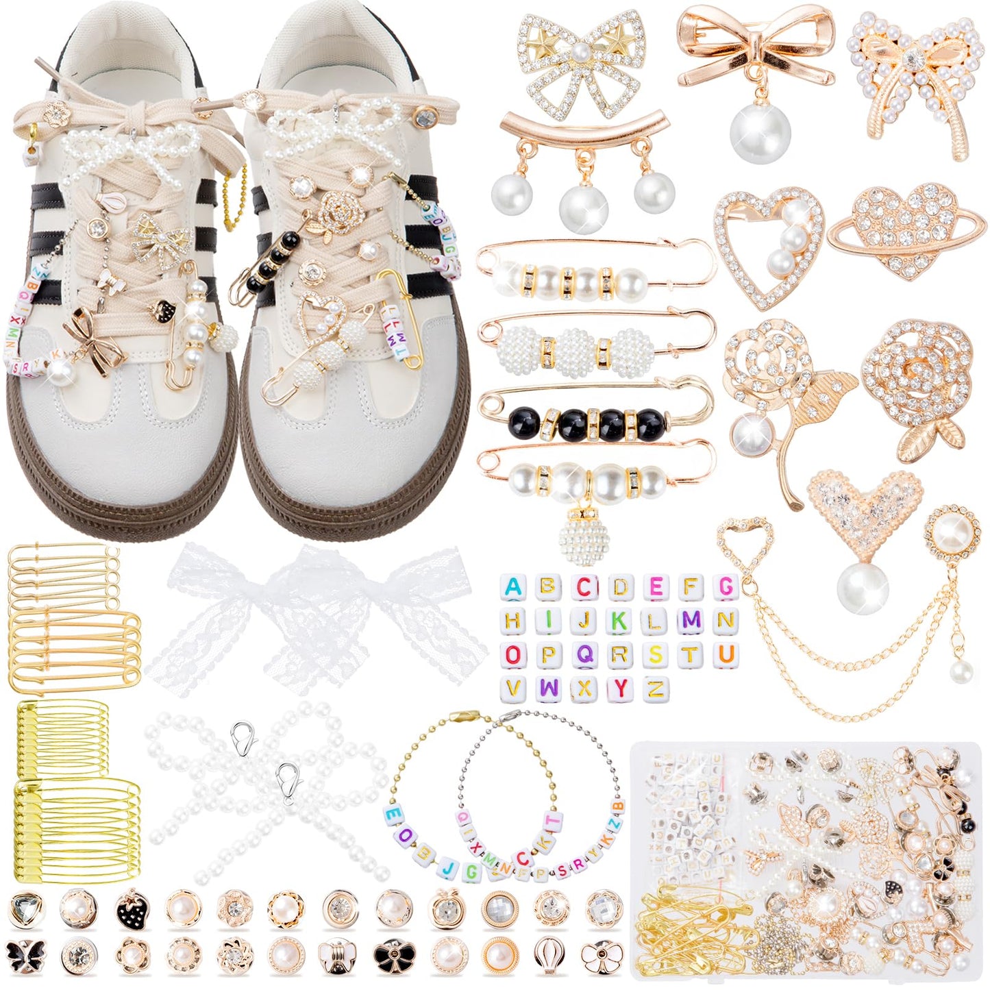 RQAYE 410pcs Shoe Charms for Sneakers & Accessories - DIY Shoe Lace Pearl Rhinestone Brooches and Pins for Women,Junk Socks Charms Kit and Satin Cute Shoelace Accessories
