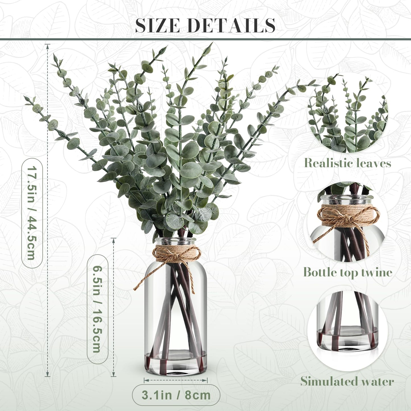 Artificial Eucalyptus Stems in Glass Vase with Hemp Rope and Faux Water 17.5inches Table Decorations Fake Greenery Plants Stems Fake Plants Leaves for Farmhouse Livingroom Bathroom, Light Green