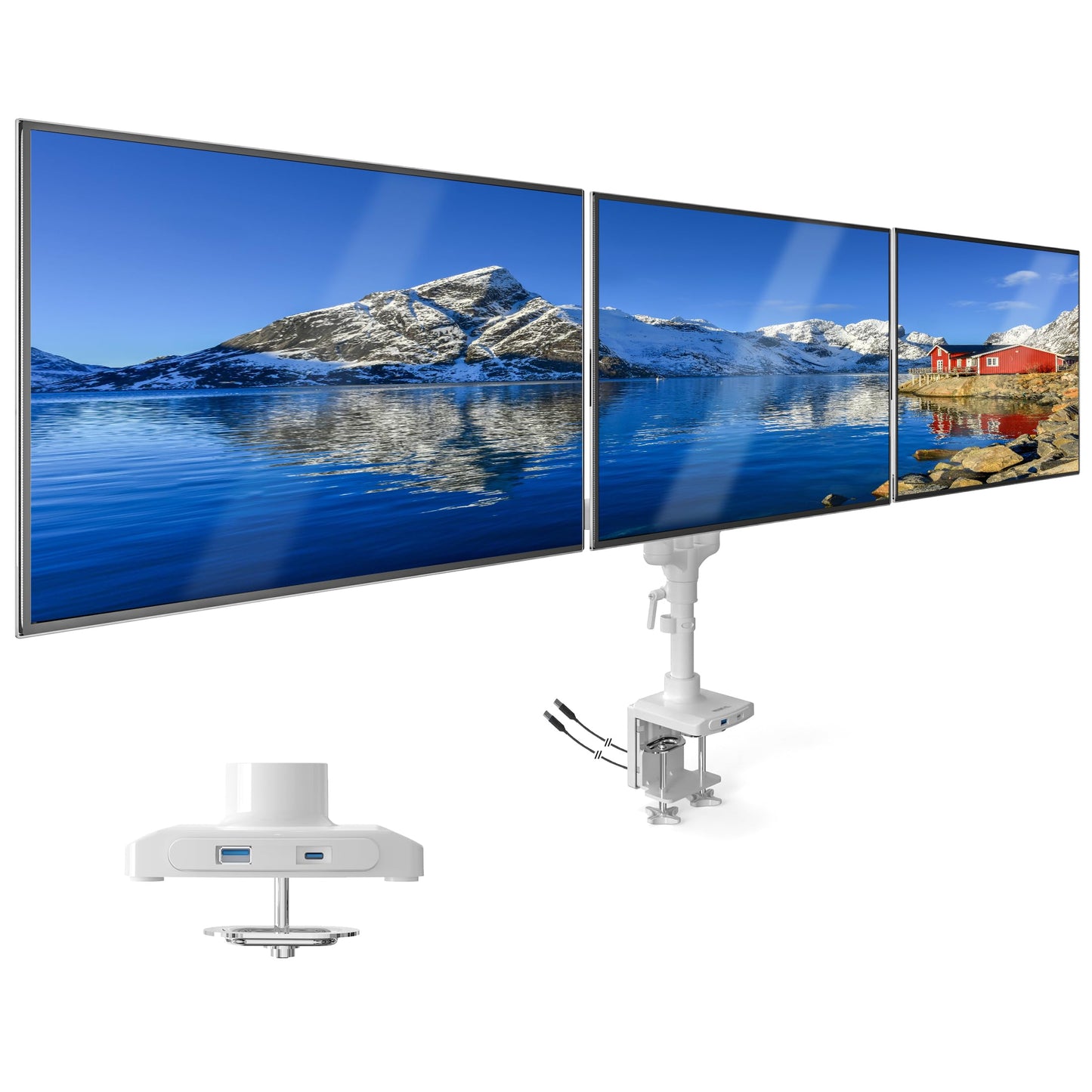 Mount-It! Triple Monitor Stand for Desk, 3 Arm Monitor Mount with Gas Spring Adjustment, Fits 13–32 Inch Screens up to 17.6 lbs per Arm, VESA 75 & 100, Clamp or Grommet Base, USB-C & A Ports, White