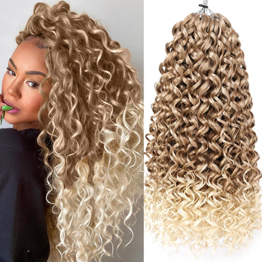 Unionbeauty 8 Pack GoGo Curl Crochet Hair Ocean Wave 18 Inch Water Wave Beach Curl Curly Crochet Hair Ombre Blonde Synthetic Curly Braiding Hair Extension for Women T27/613#