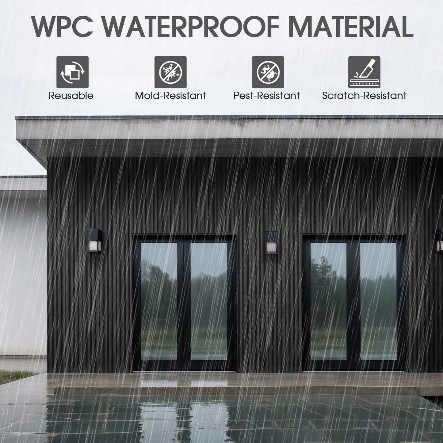 LARWORKS WPC Slat Wall Panels 8 Pack 96" x 6.6", Waterproof Fluted Wall Paneling, Accent 3D Wall Panel for Wall Decor, Bathroom, Bedroom, Office - High Grille Black (Cover Approx.35 sq.ft)