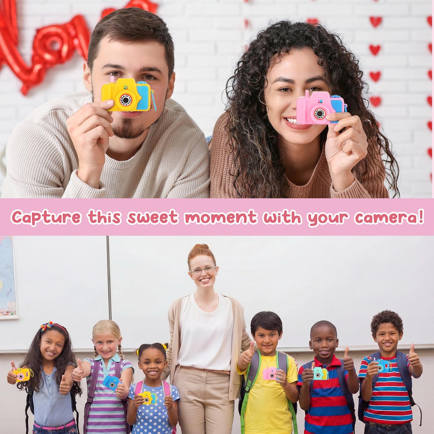 Jenaai 30 Pack Valentines Day Gifts for Kids Mini Toy Camera Bulk Set with Valentine's Greeting Cards Images in Viewfinder for Kids Classroom Exchange Gift Award Prize Party Favors