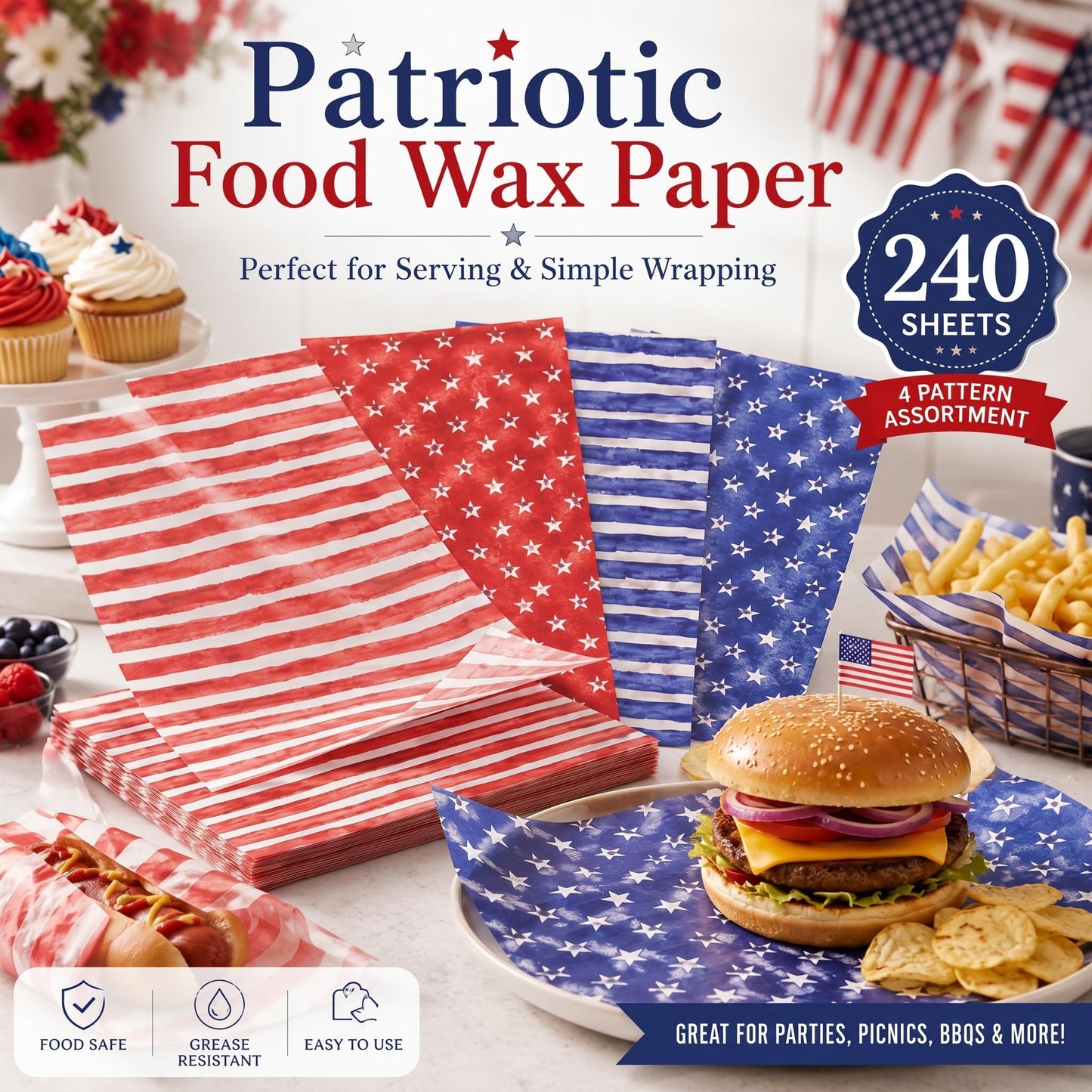 240 Sheets Watercolor Patriotic Wax Paper for Food Deli, 9.8 x 8.3'' Seamless Blue Red Stars Stripes Greaseproof Wrapping Paper for 4th of July Sandwich Picnic Basket Liner Party Supplies