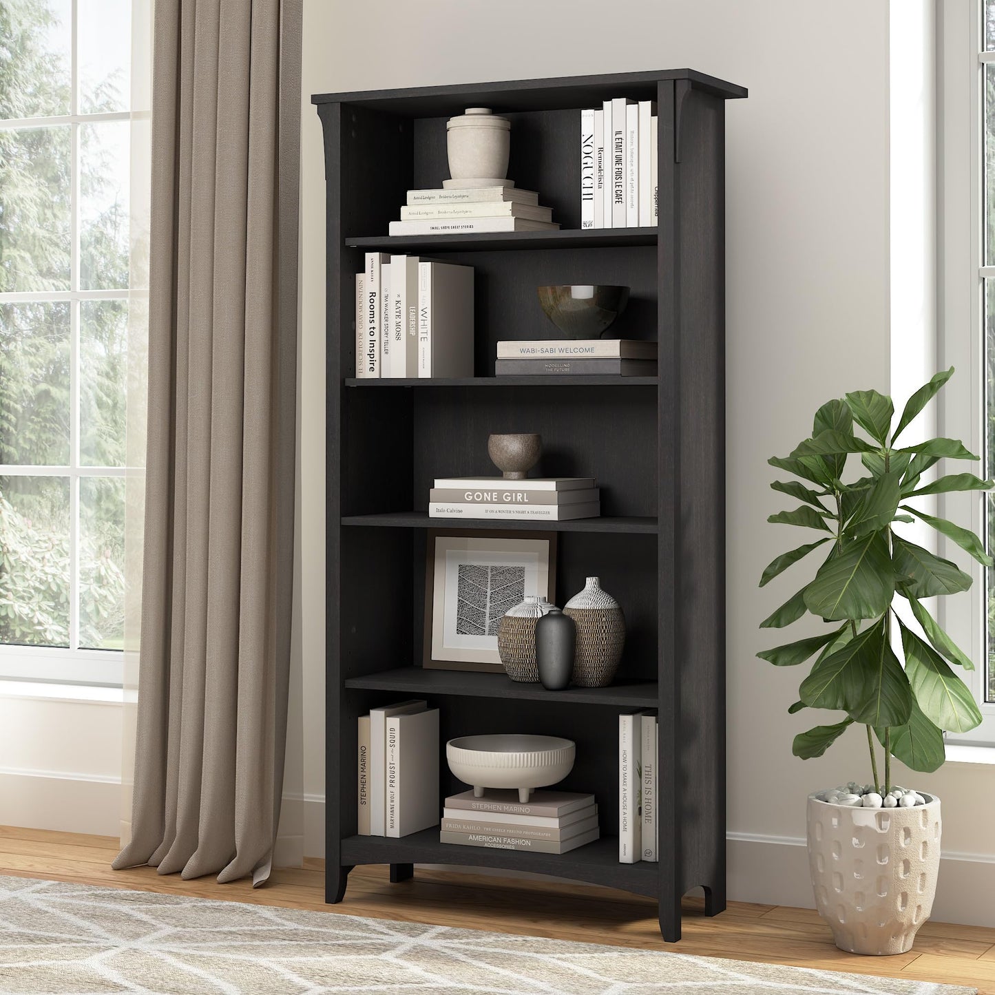 Bush Home Salinas 5 Shelf Bookcase in Vintage Black, Tall Bookshelf, Large Book Shelf for Living Room, Home Office, or Entryway
