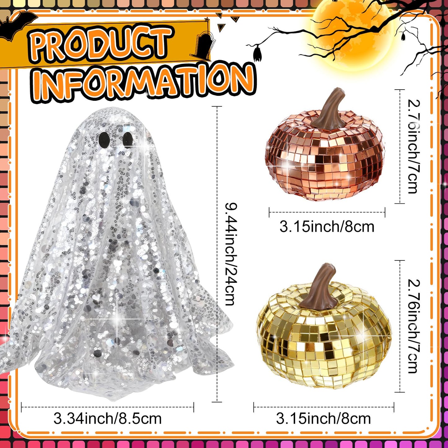 Amyhill 3 Pcs Halloween Disco Ghost Decor and Disco Pumpkin, Glitter Mirror Pumpkin Craft 9.45 Inches Large Discos Ball Ghost Table Centerpiece for Party Gift(Orange,Yellow,2.7 Inch, 3 Inch)