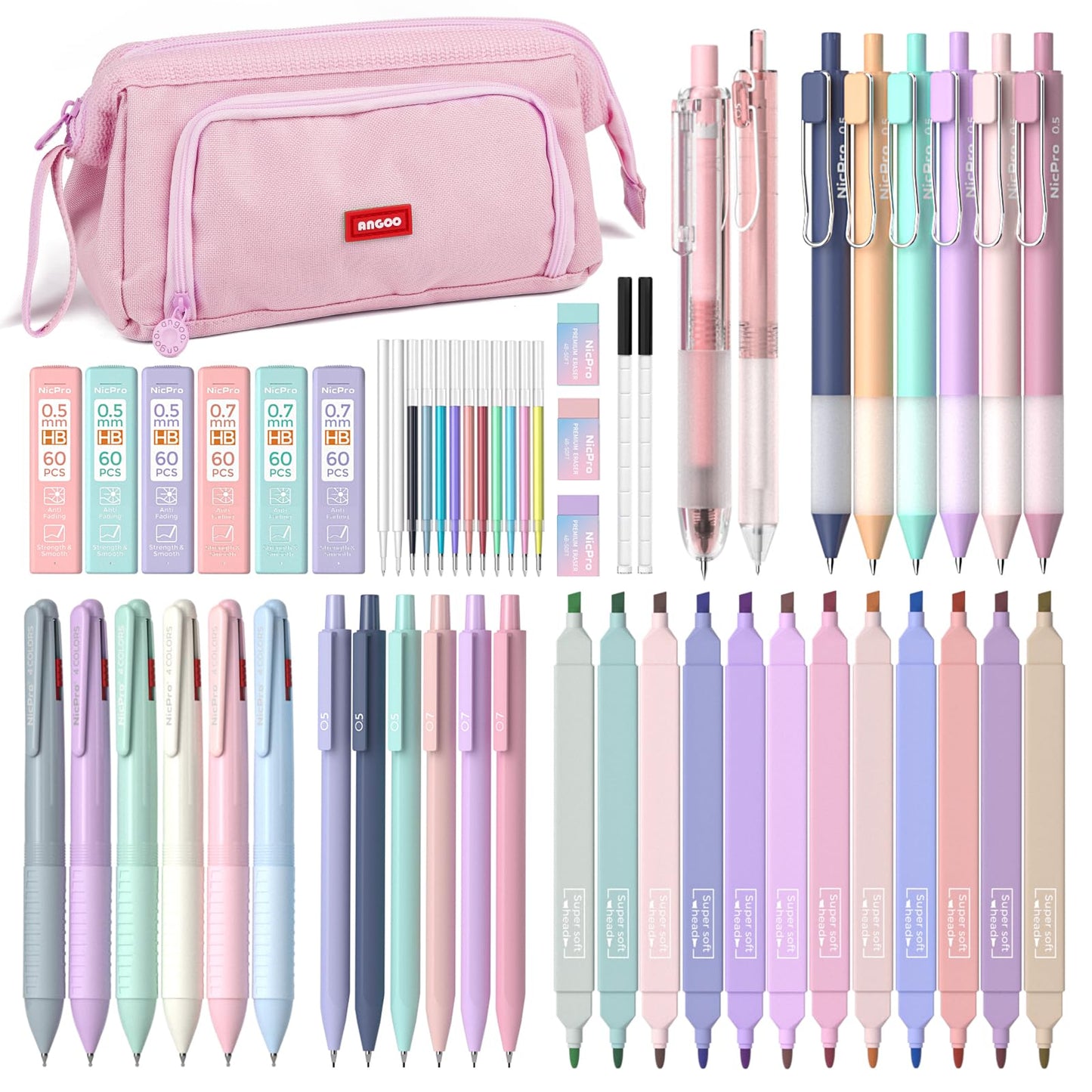 Nicpro 52PCS Aesthetic School Supplies with Cute Pencil Case, 12 Color Pastel Highlighter, 8 Gel Pens, 6 Multicolor Pen, 6 Mechanical Pencils 0.5 & 0.7 mm for Girls Student Stationary Set Preppy Stuff