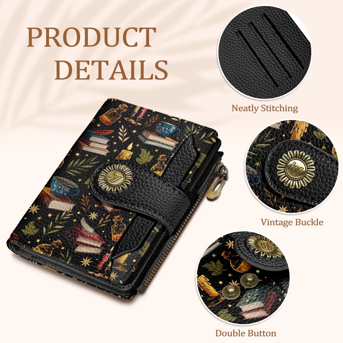 Icycay Book Witchy Wallet Women Small RFID Blocking Bifold, Credit Card Holder, Zipper Coin Pocket, PU Leather, Compact, Travel, 4 ID Window, 14 Card Slots, Cash Purse, Ladies Woman Female Girls