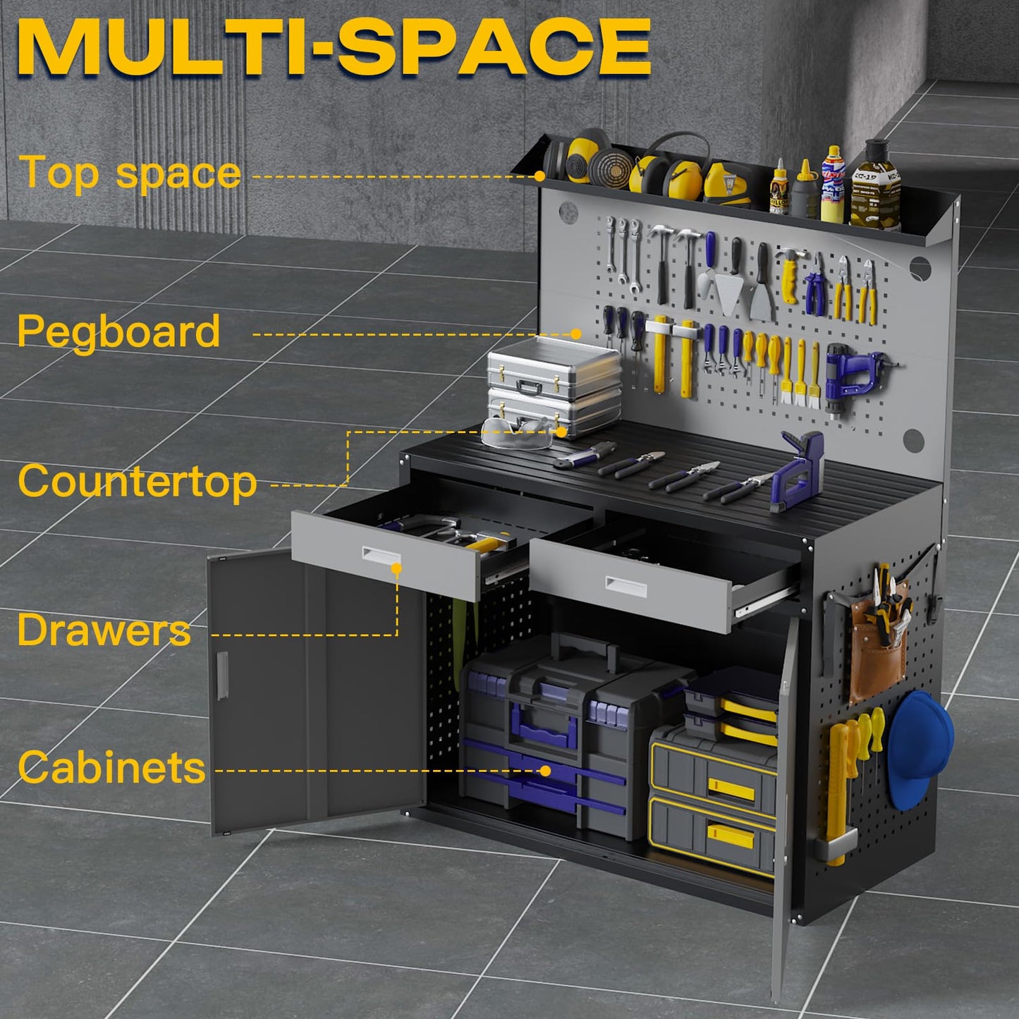 Eltean 48" Work Bench,Heavy Duty 2000 LBS Capacity Workbench with Drawers and Storage,Work Table with Light & Pegboard,Work Benches for Garage