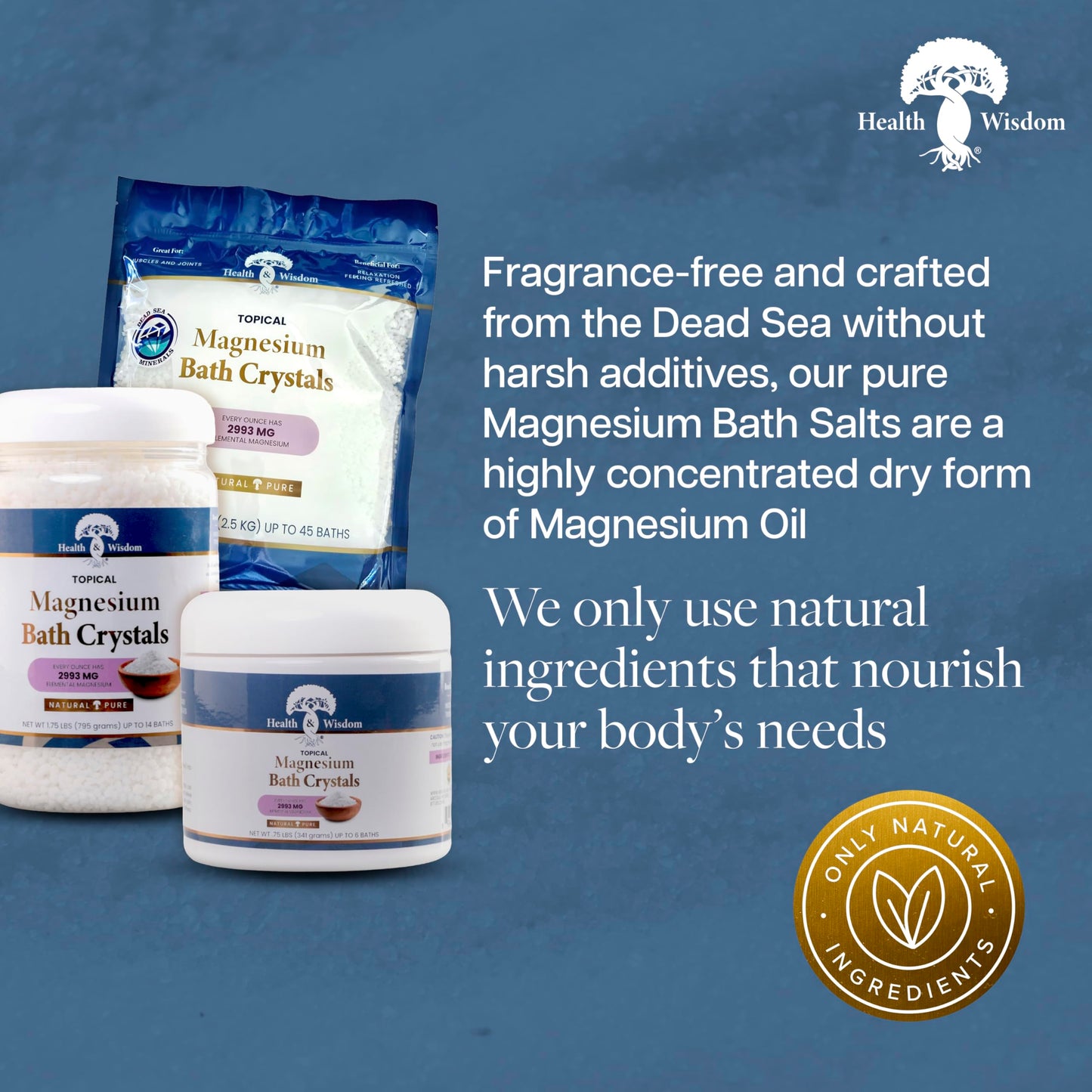 Health and Wisdom Magnesium Bath Crystals - Bath Salts with High Concentration & Enhanced Absorption for Muscle & Joint Relief - Dead Sea Sourced - Unscented - 14 lbs - Up to 113 Uses