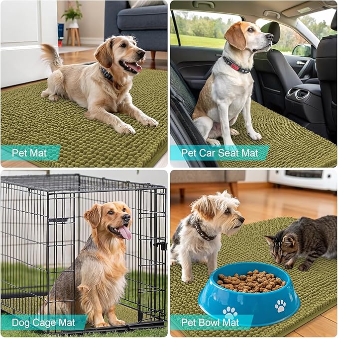 OLANLY Dog Door Mat for Muddy Paws 47x24, Absorbs Moisture and Dirt, Absorbent Non-Slip Washable Doormat, Quick Dry Chenille Mud Mat, Entry Indoor Entryway Carpet for Inside Floor, Willow Green