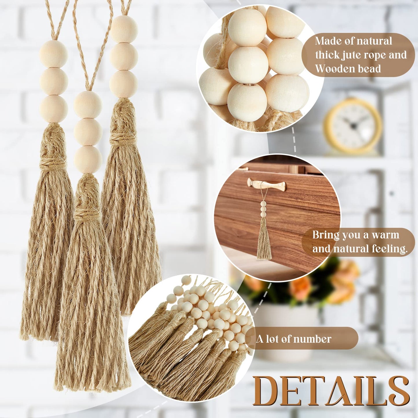 Taiyin 40 Sets Jute Tassels with 3 Wood Beads Natural Jute Rope Burlap Tassels for Christmas Tree DIY Craft Wood Beads Garland Project Wedding Home Party Decorations