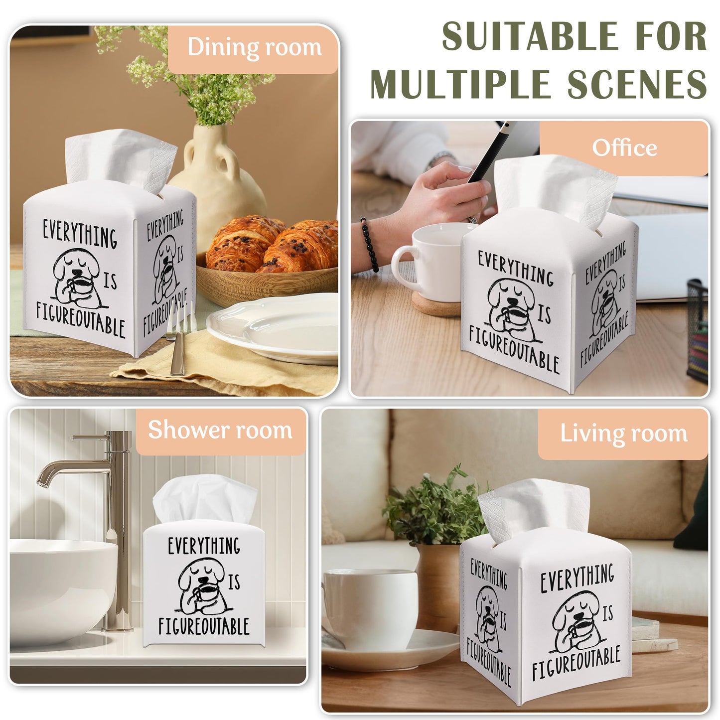 Tissue Box Gifts with Leather Cover Square, Cute Dog Print Gifts Ideas for Family Friends, Everything is Figureoutable, Bathroom Office Desk Decor, New Home Favor-(5.2 Inches) A51