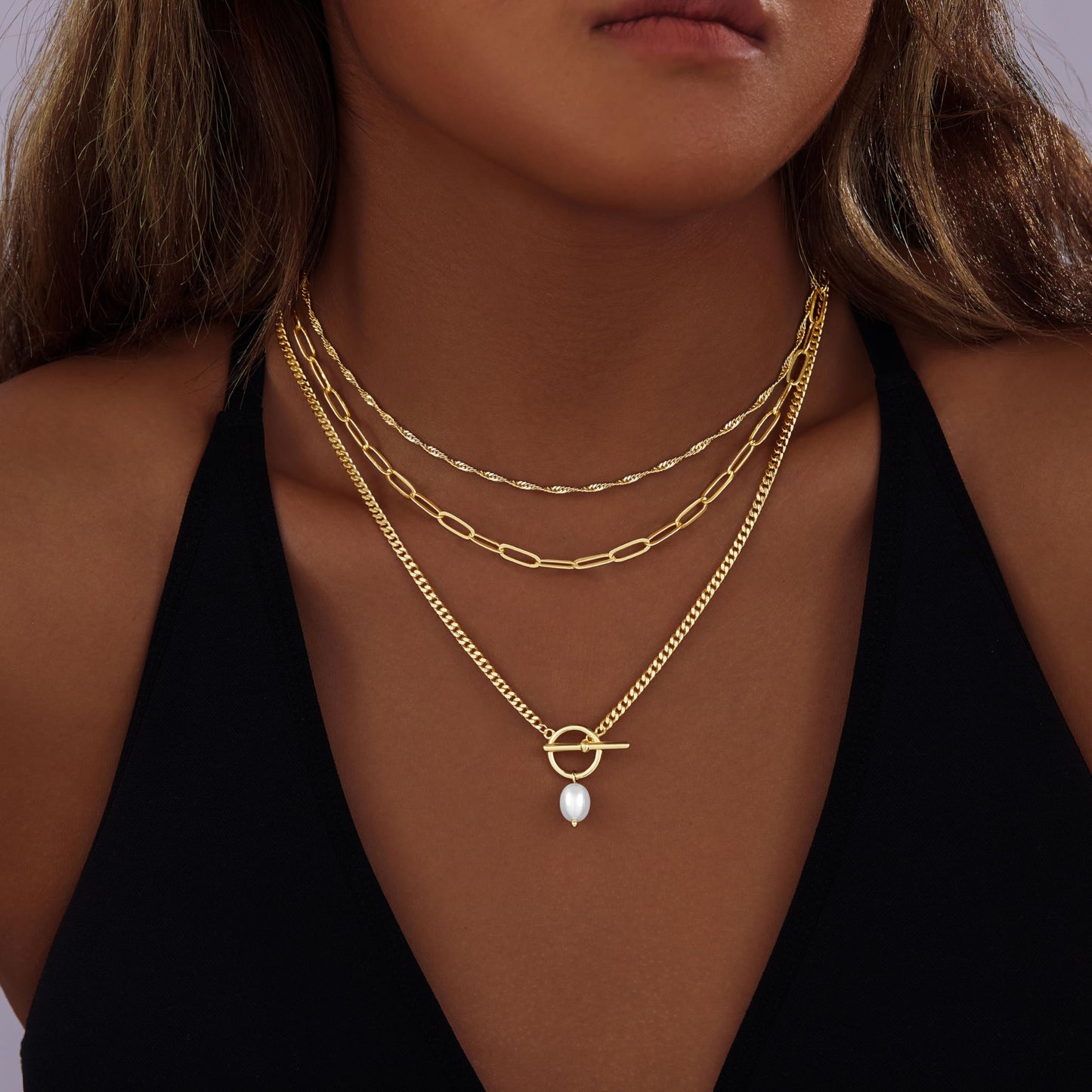 Layered Gold Pearl Pendant Toggle Necklaces for Women Dainty 14K Gold Plated Stack Trendy Choker Paperclip Necklace Simple Toggle Pearl Chain Twist Rope Chain Jewelry Set Gifts for Women