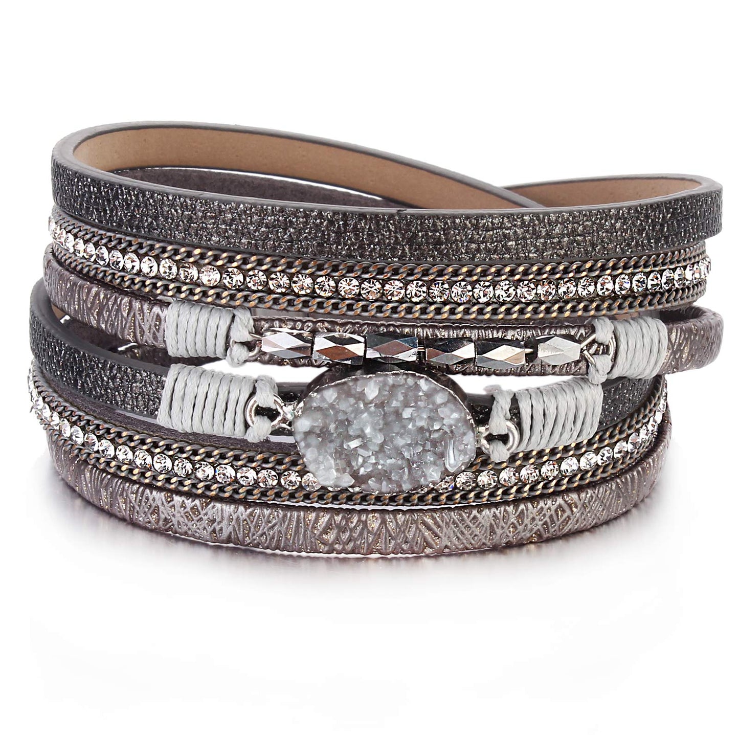 FANCY SHINY Boho Leather Wrap Bracelet Stackable Chunky Crystal Cuff Bracelets with Magnetic Clasp Cowboy Cowgirl Western Summer Beach Outfits Jewelry Gifts for Women (14.7", Grey)
