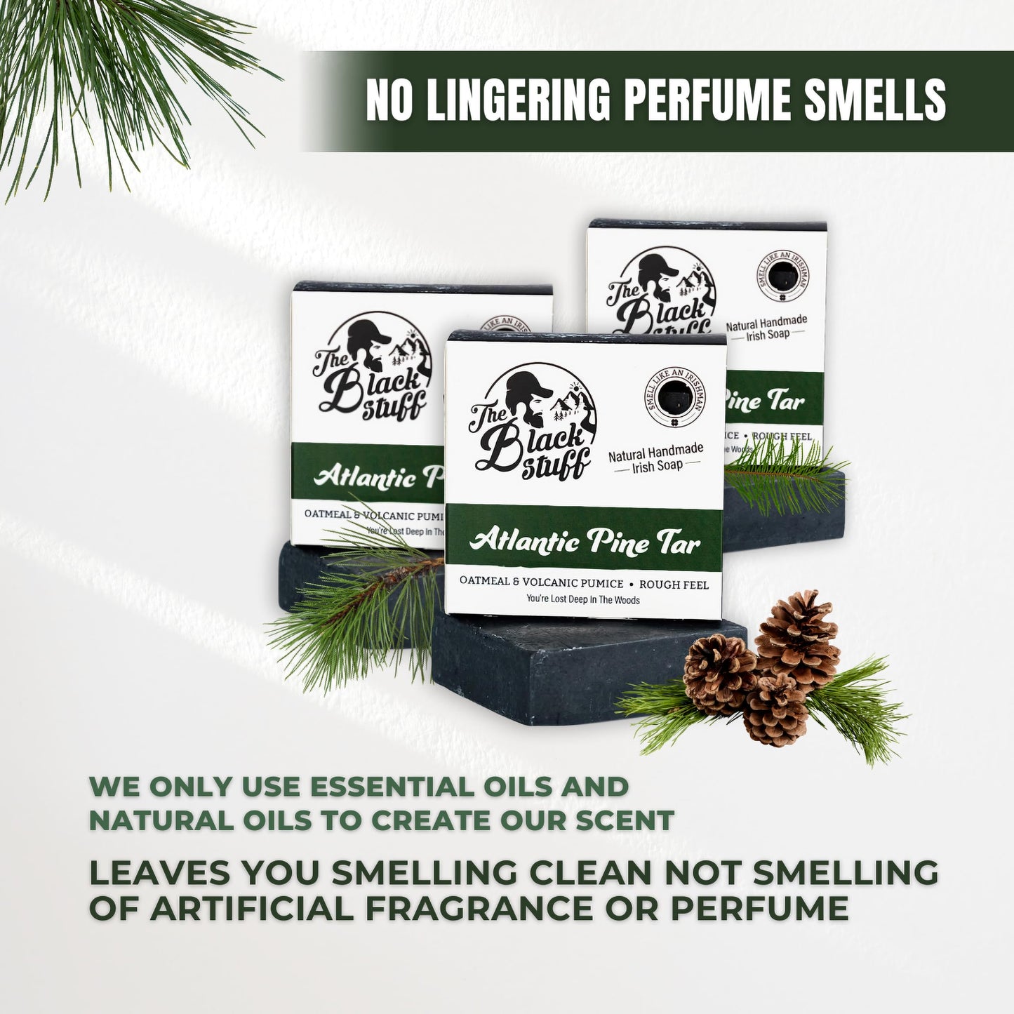 The Black Stuff All Natural Bar Soap for Men Handmade Cold Process Soaps with Organic Ingredients and Essential Oils - Mens Soap for Daily Use, Atlantic Pine Tar (3 Packs)