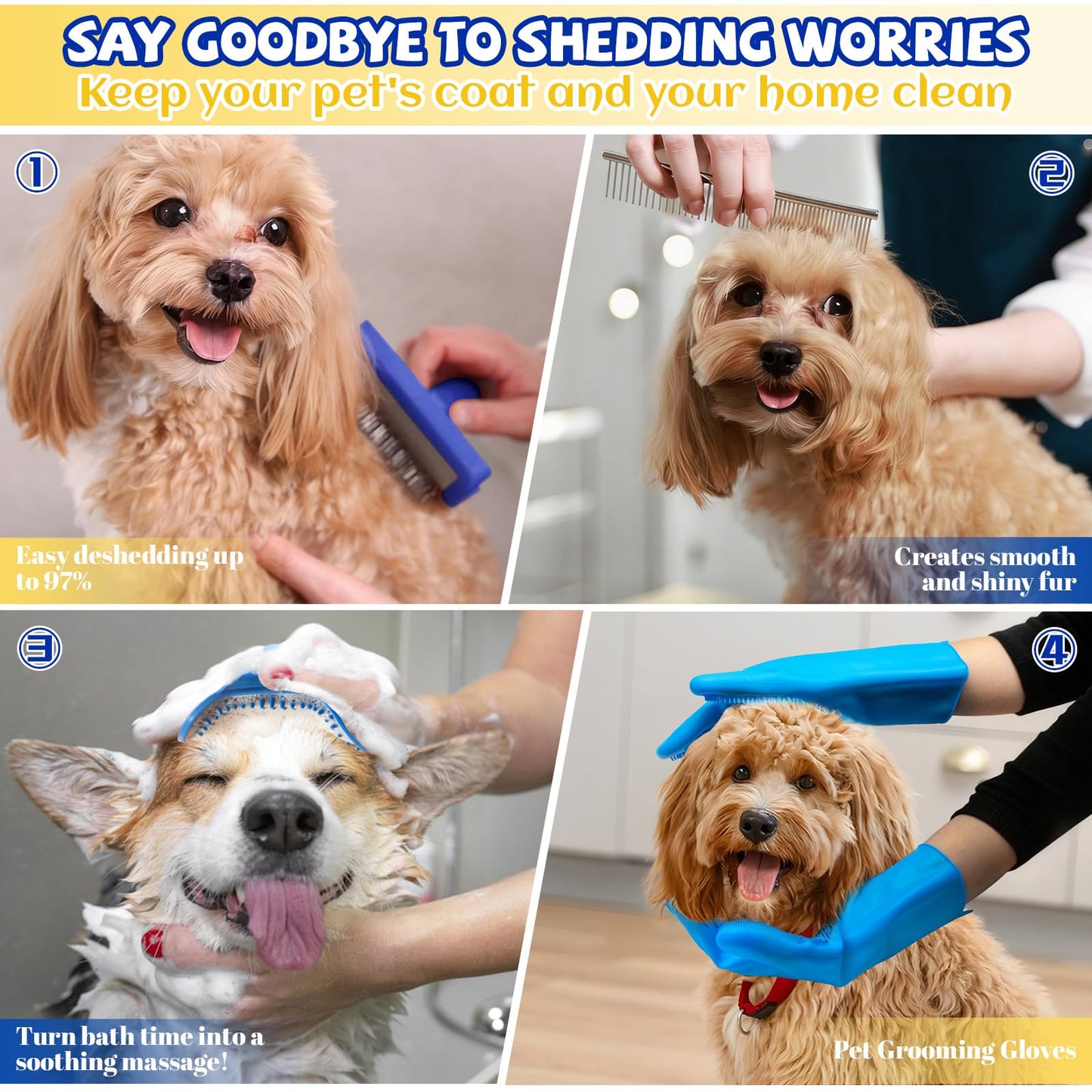 8PCS Dog Slicker Brush for Dogs Grooming Kit,Bath Grooming Kit for Pets,Hair Brush Set with Towel,Washing Gloves,Slicker Comb,and Shampoo Scrubber Brush for Small and Large Dogs and Cats(Blue)