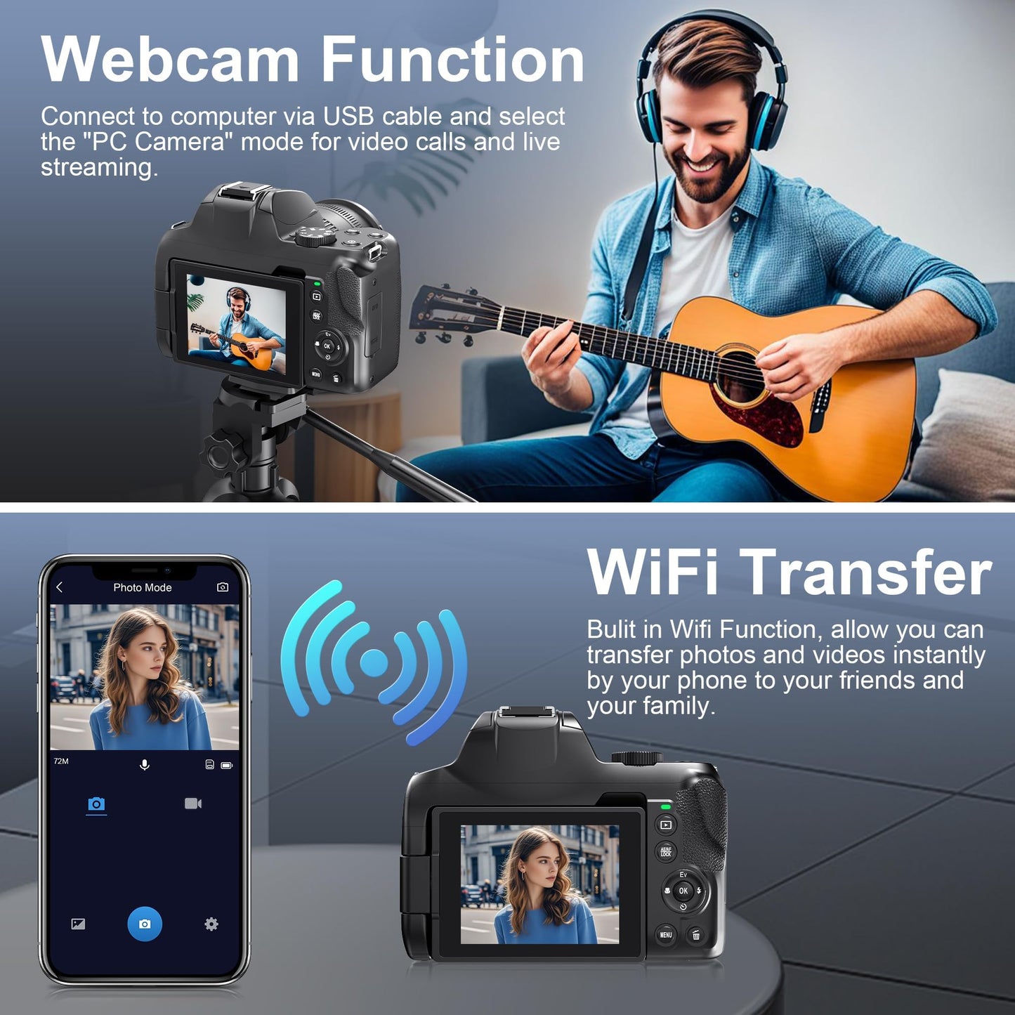 Cameras for Photography, 12X Optical Zoom 4K Digital Camera with WiFi & App Control, 72MP Vlogging Camera with 180° Flip Screen, Auto Focus, Dual Batteries, 59mm Wide Angle & Macro Lens, 32GB SD Card