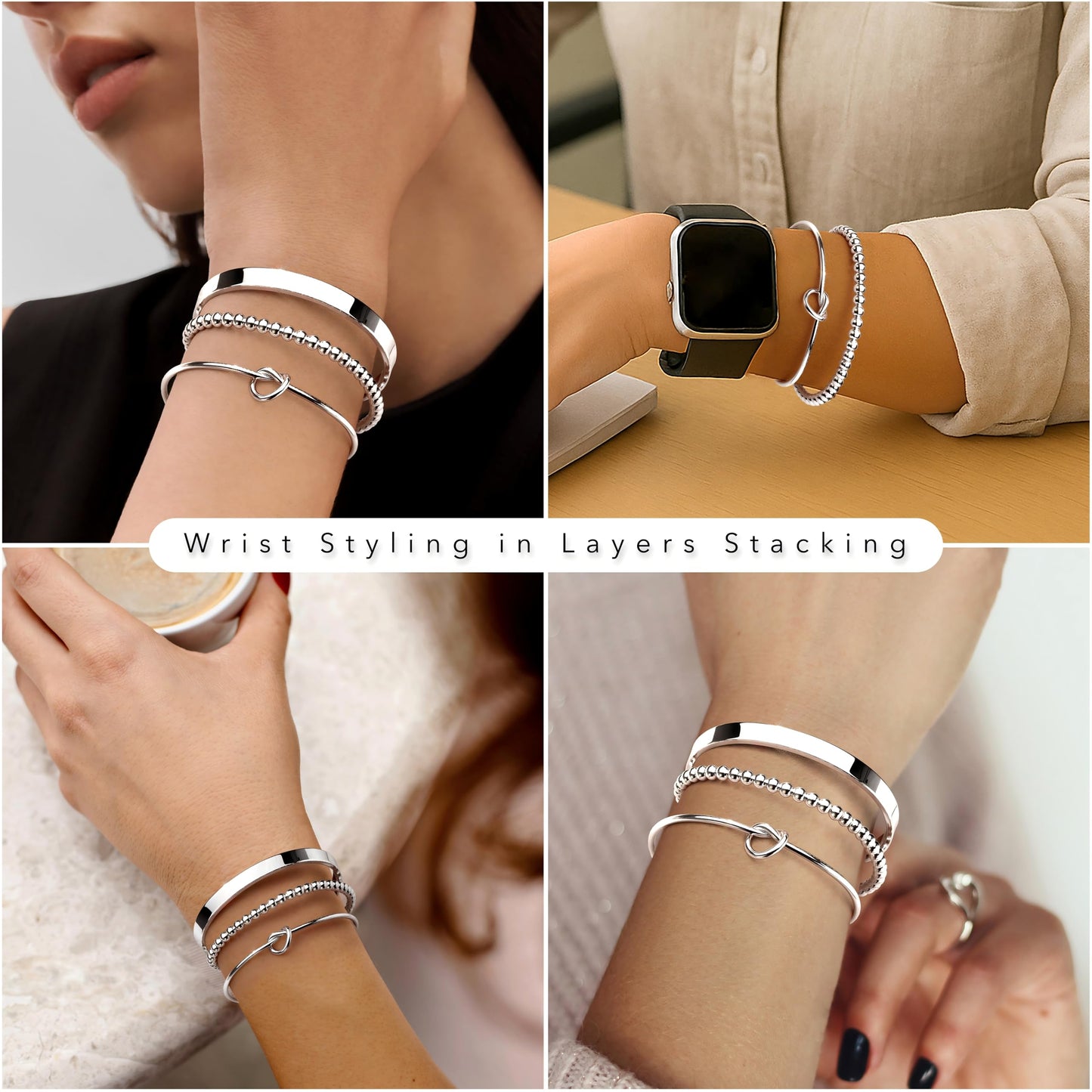 Silver Cuff Bracelets Stack for Women, Silver Plated Bangle Link Chain Bracelets, Trendy Waterproof Jewelry Gifts Adjustable