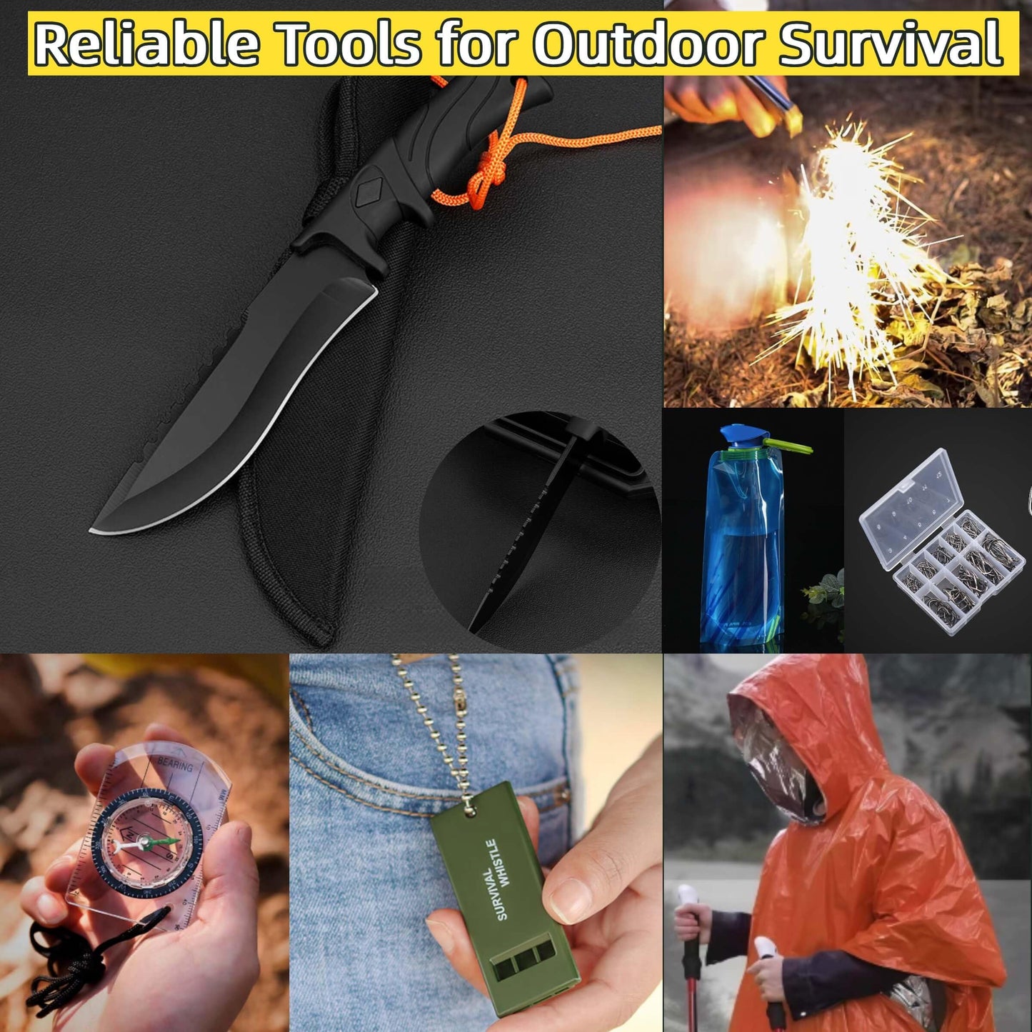 LoDinpo Camping Survival Kit, All in One Outdoor Emergency Gear with Knife, Fire Starter, Fishing Kit, Water Pouch & Compass for Hiking Backpacking Bushcraft Gift for Him