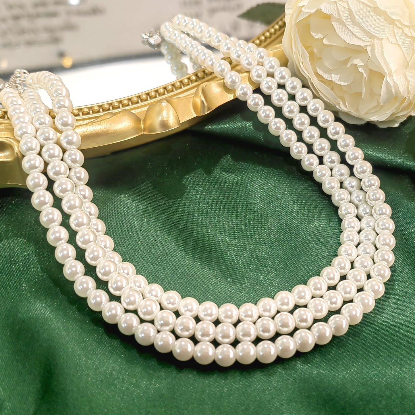 Zeffy Pearl Choker Necklace Round Imitation Pearl Necklace Multi Strands Choker Wedding Party Prom Vintage 1920s Short Choker Necklace for Women