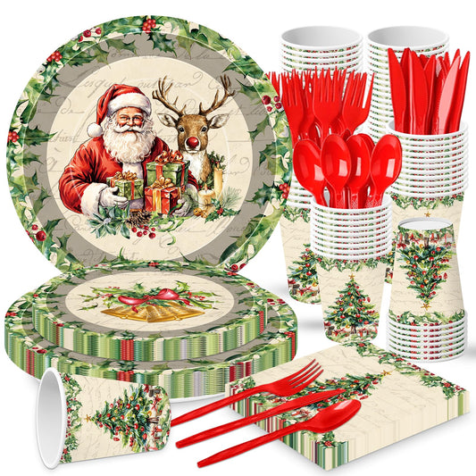 140 Pcs Christmas Party Supplies Set, Disposable Dinnerware Set for 20 Guests Includes 7 & 9 Inch Santa & Reindeer Paper Plates, Napkins, Cups, Forks, Spoons, Knives for Holiday Tableware