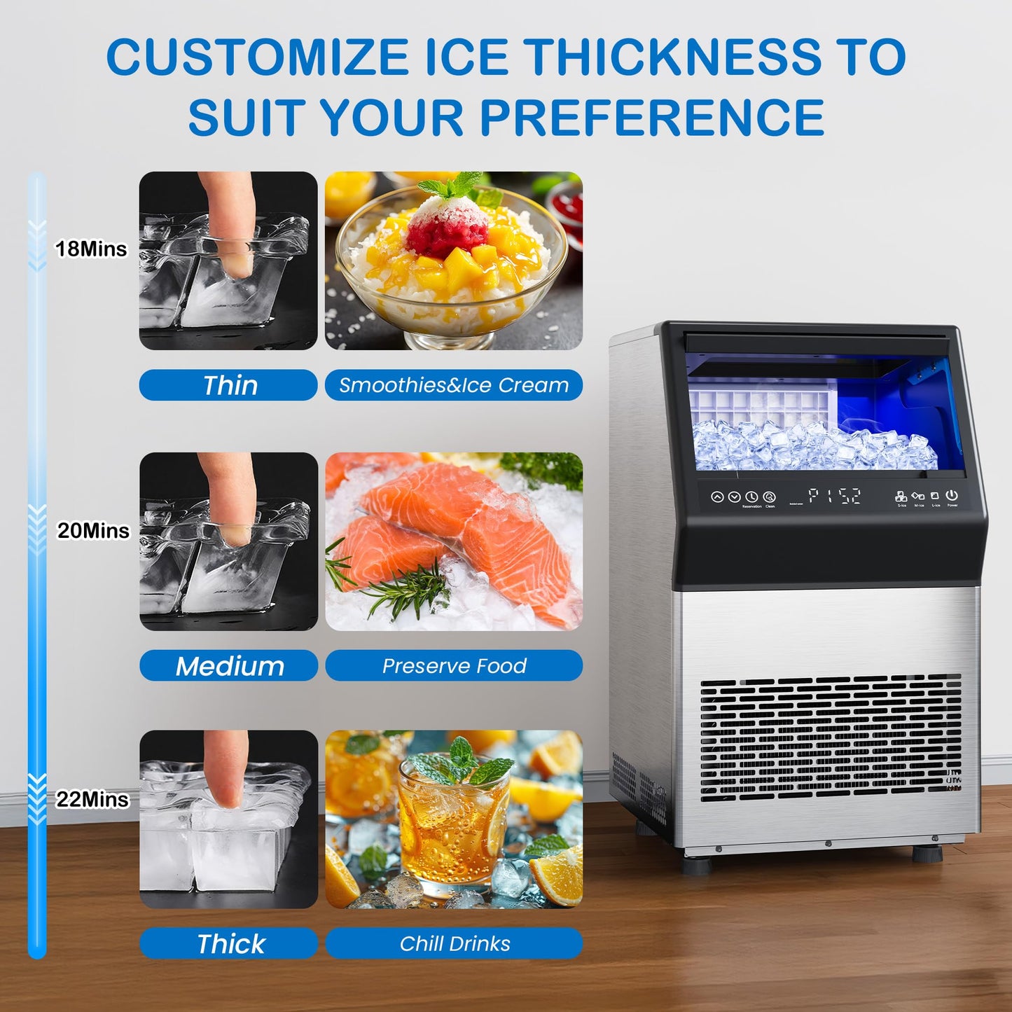 Commercial Ice Maker Machine, 110Lbs/24H Stainless Steel Undercounter Freestanding Ice Maker with 12Lbs Storage Capacity, Self-Cleaning, LED Digital Display, 45 Ice Cubes 8Mins, Home/Bar/Restaurant