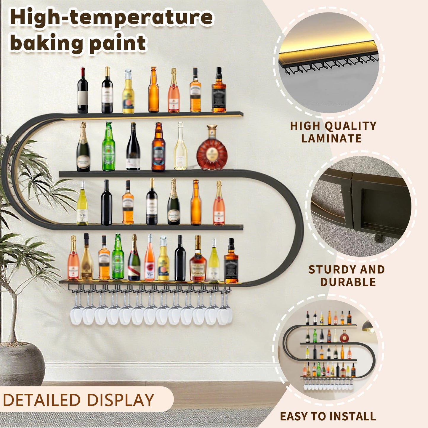 amhricho 47.2in Large Wall Mounted Wine Rack with LED Light, 4-Tiers Half Round Wine Rack with Wine Glass Hooks, Iron Wine Bottle Display Rack for Kitchen, Home Bar, Cafe (BLACK, 47.2 * 7.87 * 47.2IN)