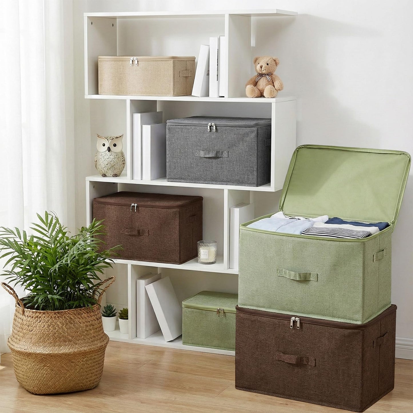 ANMINY 3PCS Storage Bins with Zipper Lids 13 Qt Lidded Fabric Storage Boxes Baskets Cubes with Handles Collapsible Washable Cotton Linen Closet Shelf Clothes Organizer Containers - Gray, Small