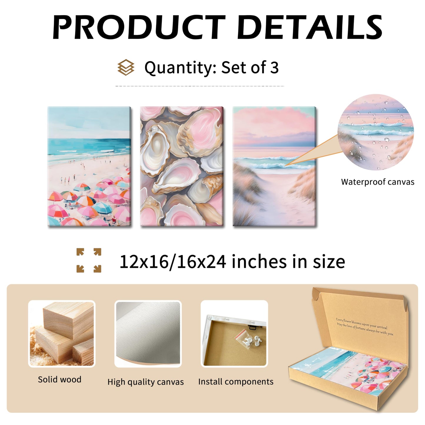 Preppy Coastal Canvas Wall Art Set of 3, Trendy Pink Beach Wall Decor Paintings, Summer Beachy Shells Oyster Aesthetic Posters Prints Pictures for Girls Room Dorm Bathroom Bedroom 16x24 Inch Framed