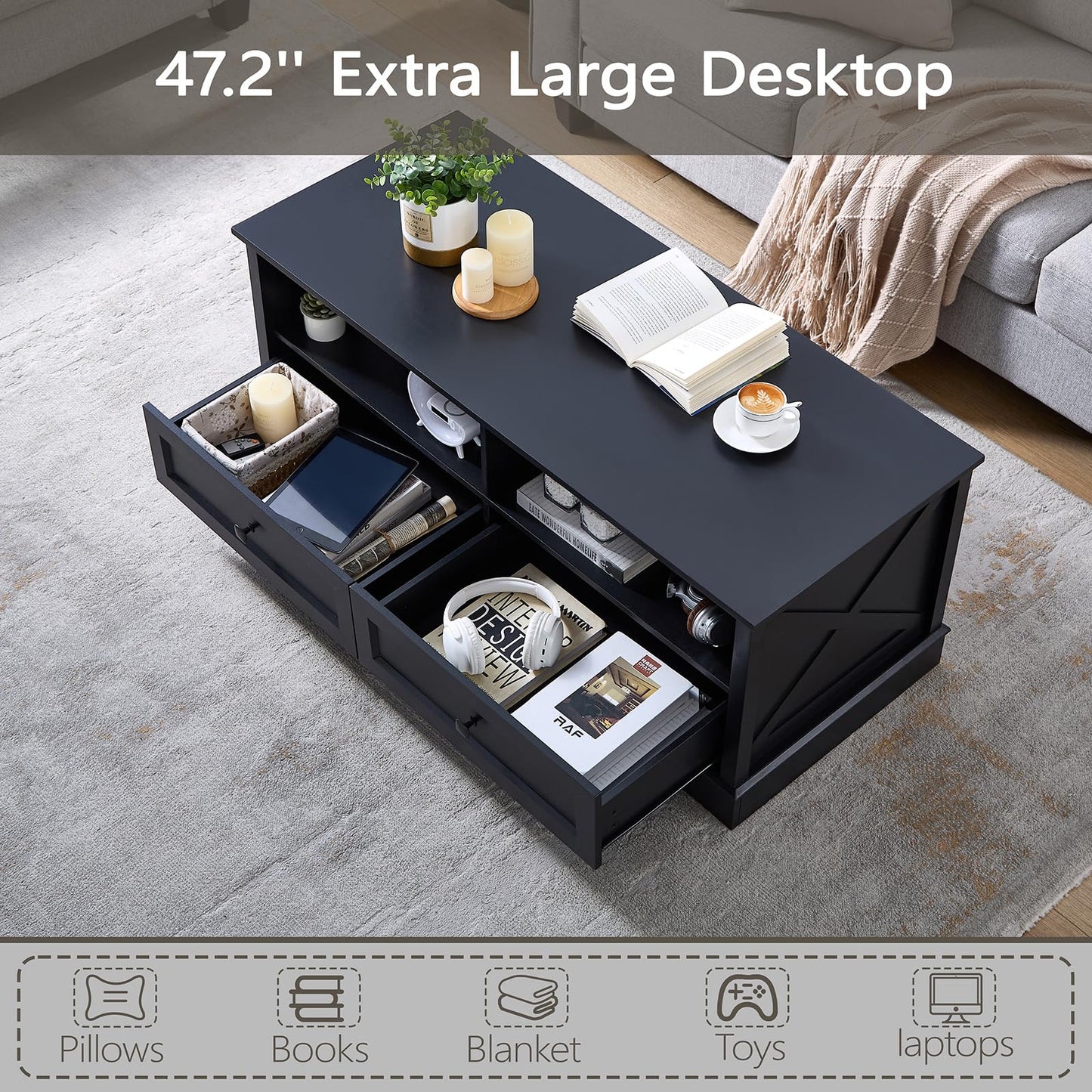 48" Farmhouse Coffee Table for Living Room, Wood Coffee Table with Storage, Rustic Rectangular Black Table Center Table with 2 Drawers for Office, Large Tabletop Dining Table for Home Living Room