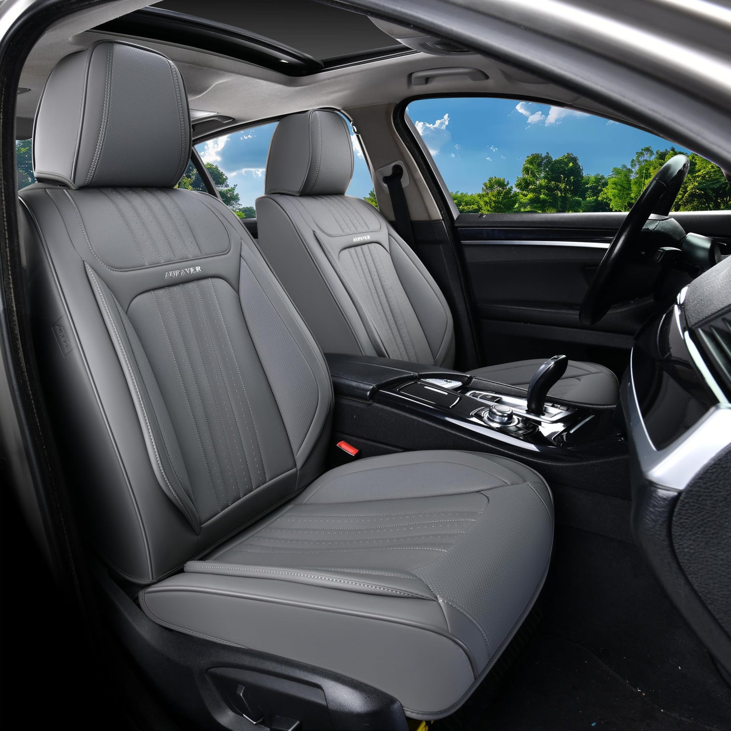 Aupaver Seat Covers, Waterproof Car Seat Cover for Cars 5 Seats, Universal Leather Seat Covers, Front & Rear Automotive Seat Covers Car Seat Cushion, Leatherette Seat Protector for Most Cars, Gray