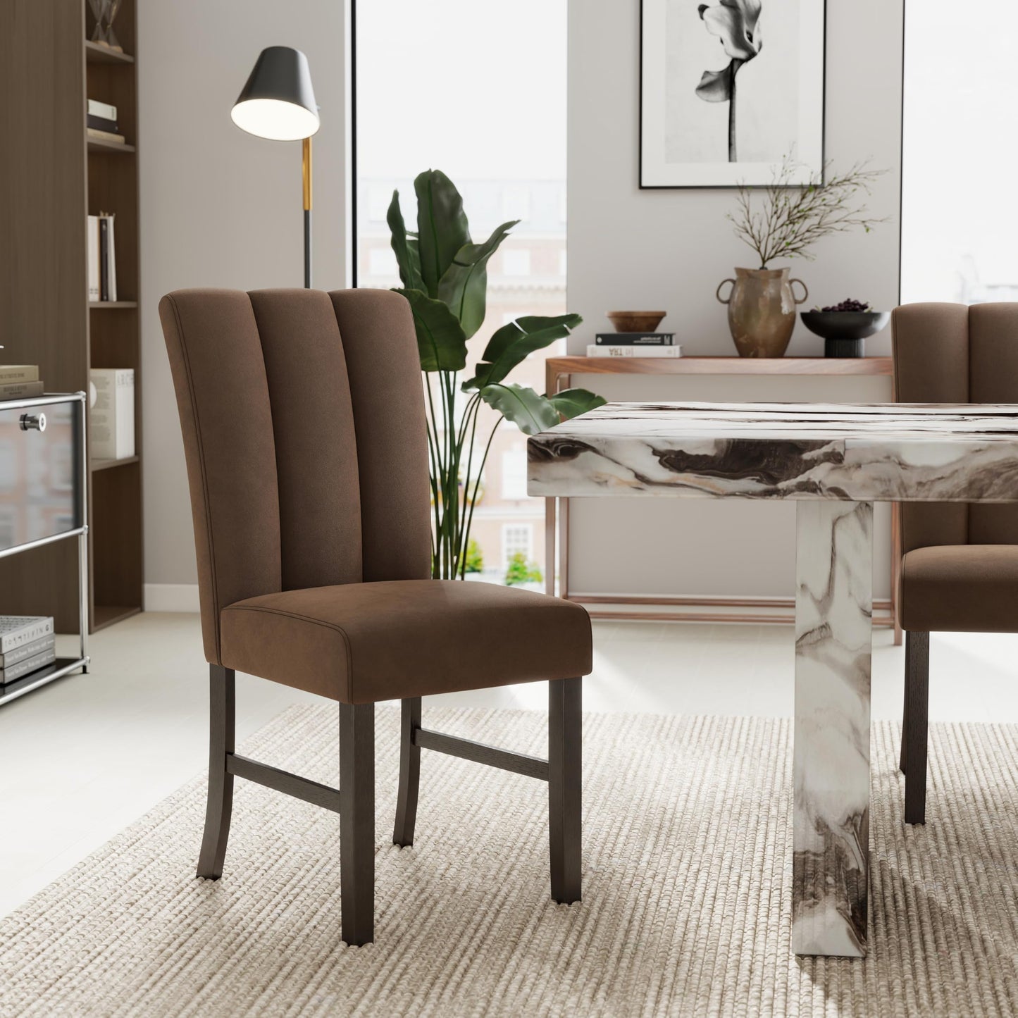 Roundhill Furniture Cavira 5-Piece Modern Faux Marble Dining Set, Double Pedestal Table with 4 Upholstered Chairs
