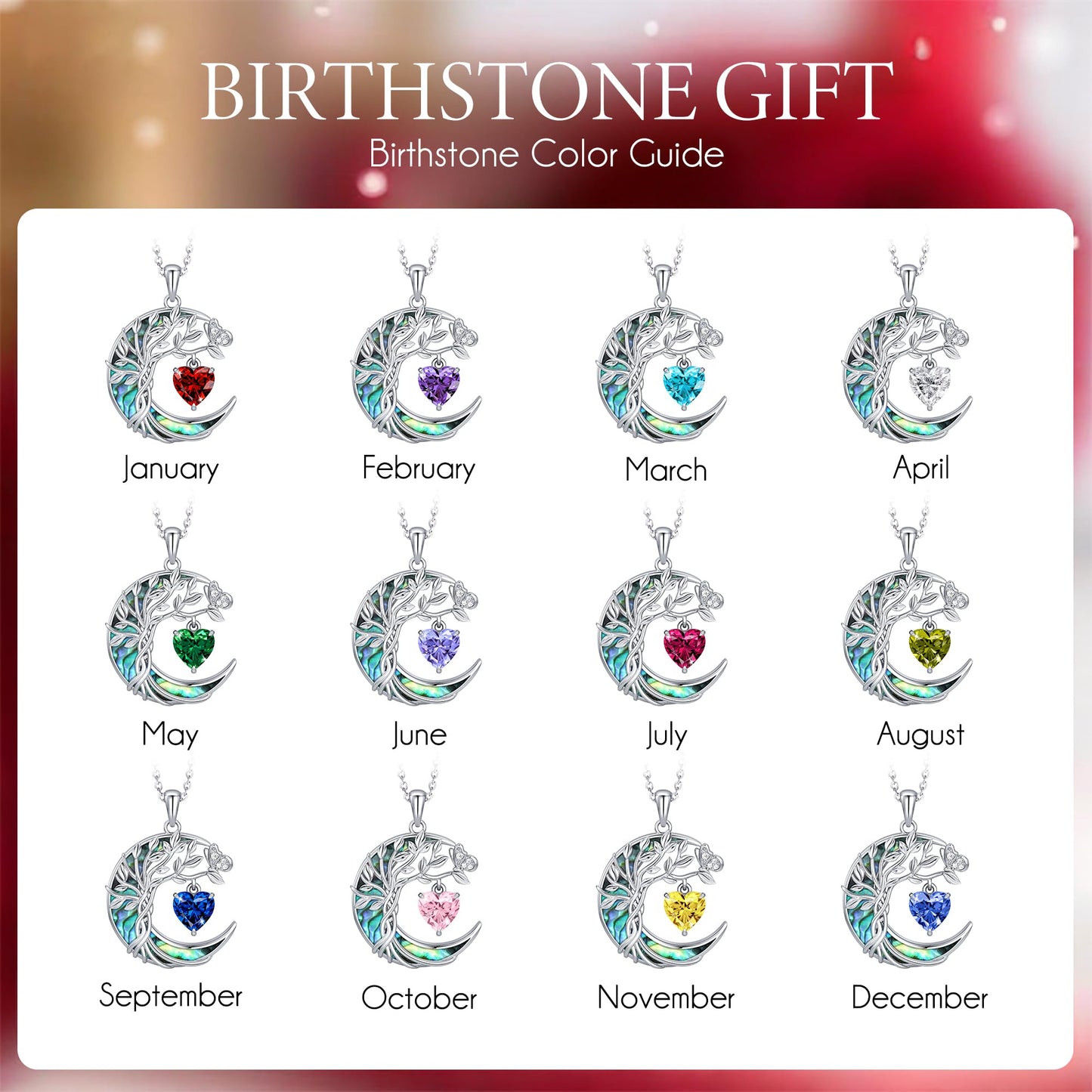 Distance Tree of Life Birthstone Necklace for Women, S925 Sterling Silver Premium Abalone Shell Moon Pendant May Heart Birthstone Necklace, Emerald Jewelry Christmas Birthday Gifts for Her Mom Wife