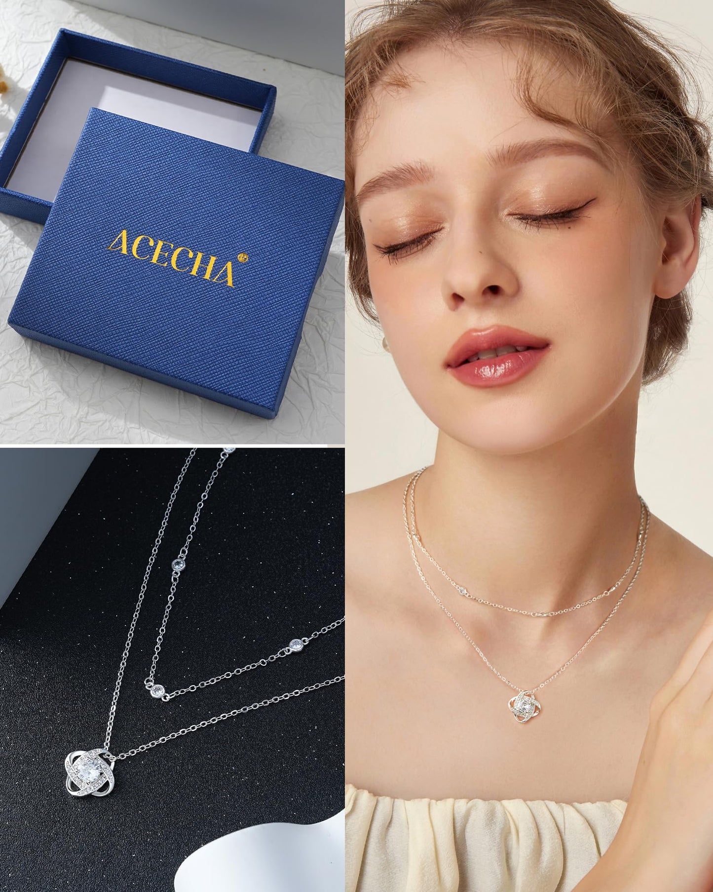 ACECHA Diamond Necklaces for Women-Dainty 18K Gold Silver Plated Choker CZ Layered Pendant with Pearl Diamond Zircon Cross Trendy Minimalist Necklace Jewelry Gifts For Women (silver-double clover)