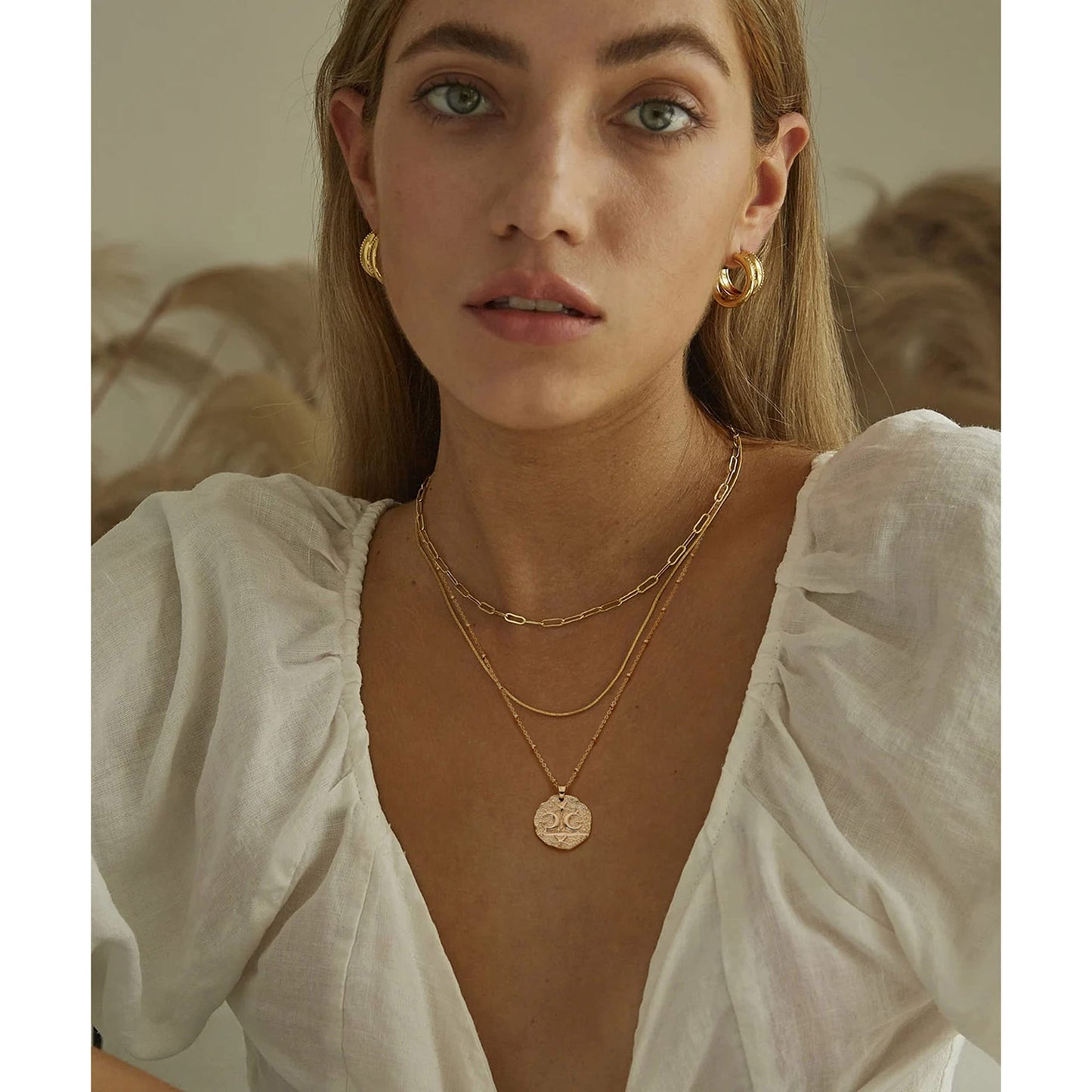 CANEVINKA 18K Gold Plated Moon and Star Medallion Beach Starfish Pendant Necklace for Women Dainty Hammered Coin Bead Chain Necklace 20”