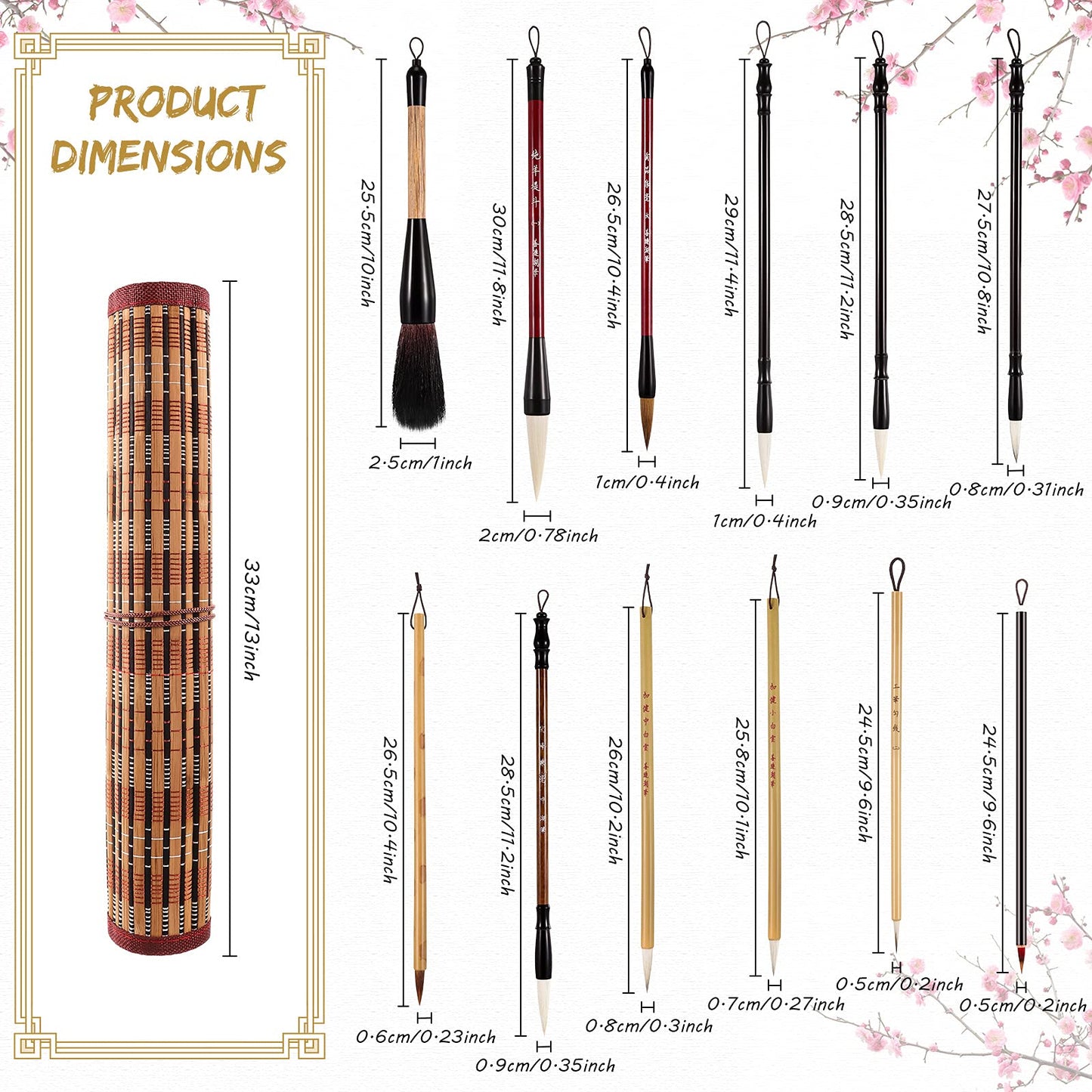 Marspark 12 Pieces Chinese Calligraphy Brushes Painting Writing Watercolor Ink Brushes Set for Kanji Japanese Sumi Drawing with Roll-up Holder