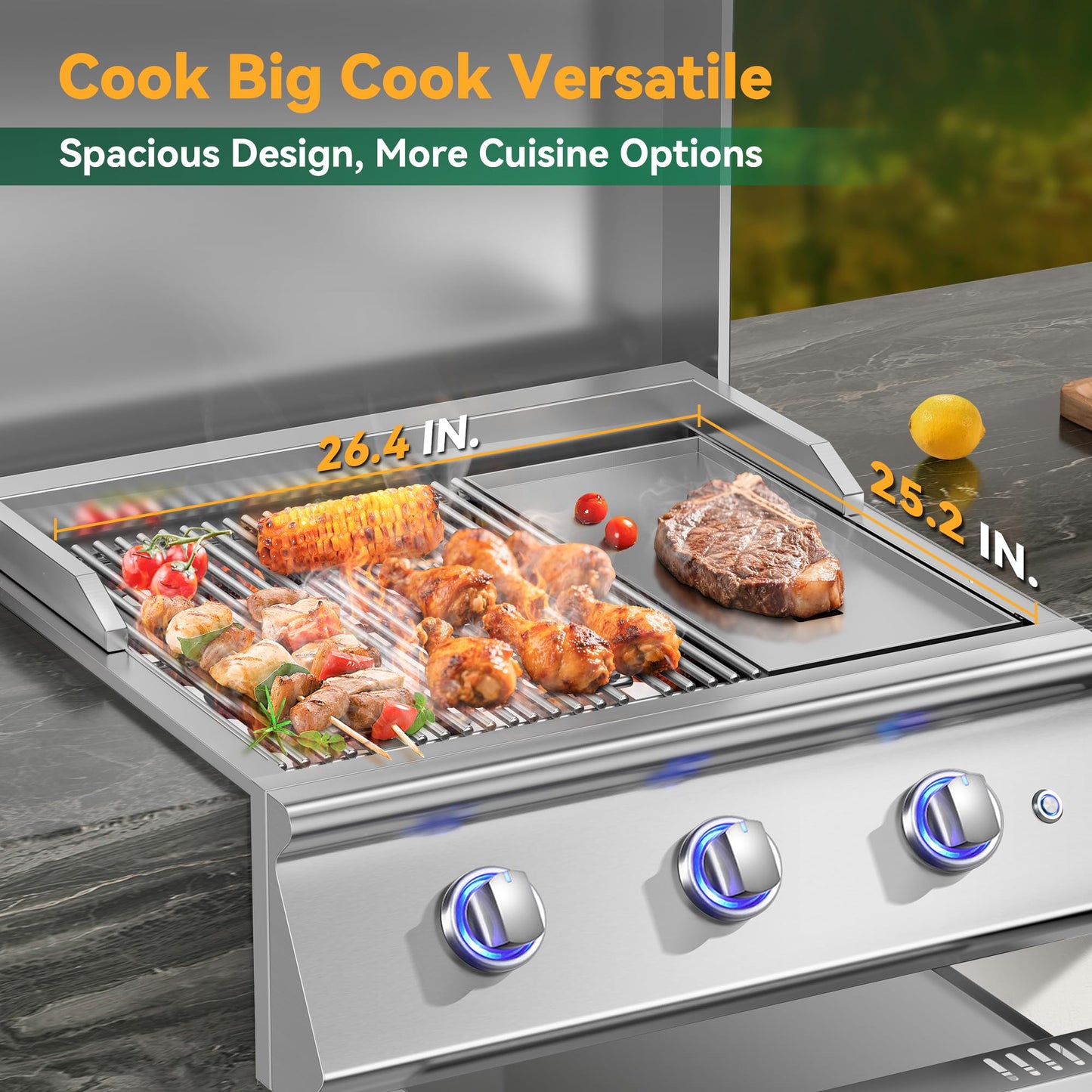 26 Inch BBQ Head Griddle Grill Combo for Outdoor Kitchen, Liquid Propane Bulit-in Grills for Barbecue Island, 3-Burner, 3 * 14,000 BTU, Premium 304 Stainless Steel, Convertible to Natural Gas