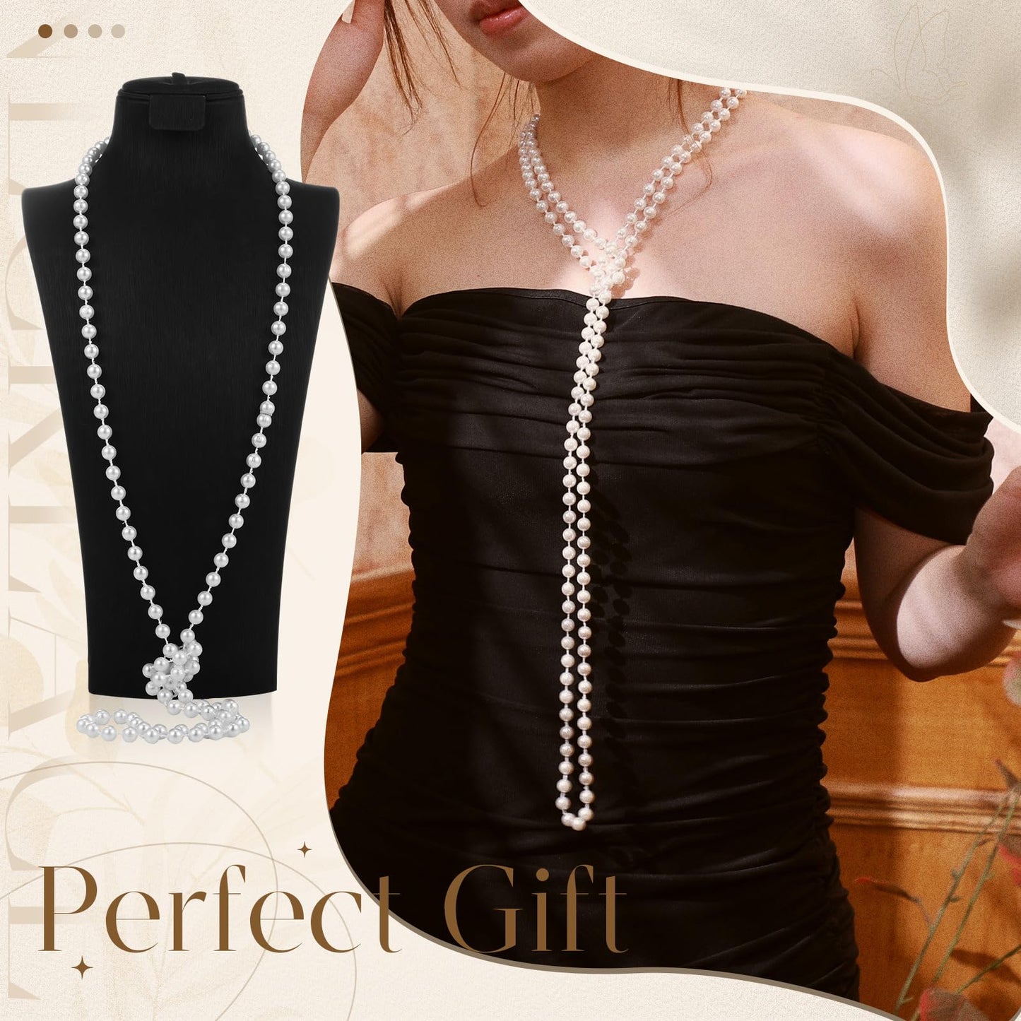 Aurelema 2 Pack Long Pearl Necklace for Women 1920s Costume Party Jewelry Faux Pearls Strand Beads for Ladies(70 Inches,8 mm,Plastic,Cream White)