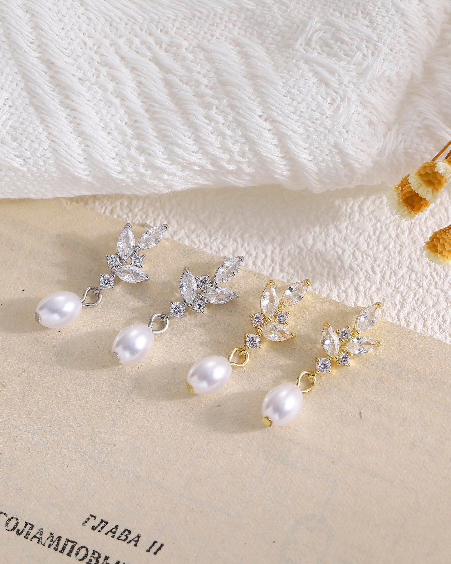 Pearl Earrings for Women, 14k Gold Plated Trendy Pearl Diamond Earrings Bridal Shower Gifts Wedding jewelry for Women