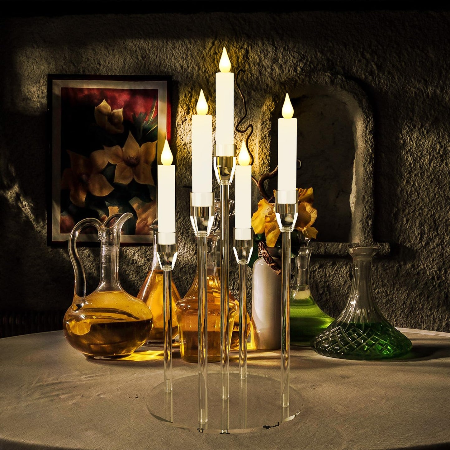 Candelabra Centerpieces for Tables 5 Arm Clear Candle Holder Fit 0.87" LED Pillar Taper Candlestick with Round Base for Christmas New Year Decoration (5 Arm Candelabra)"