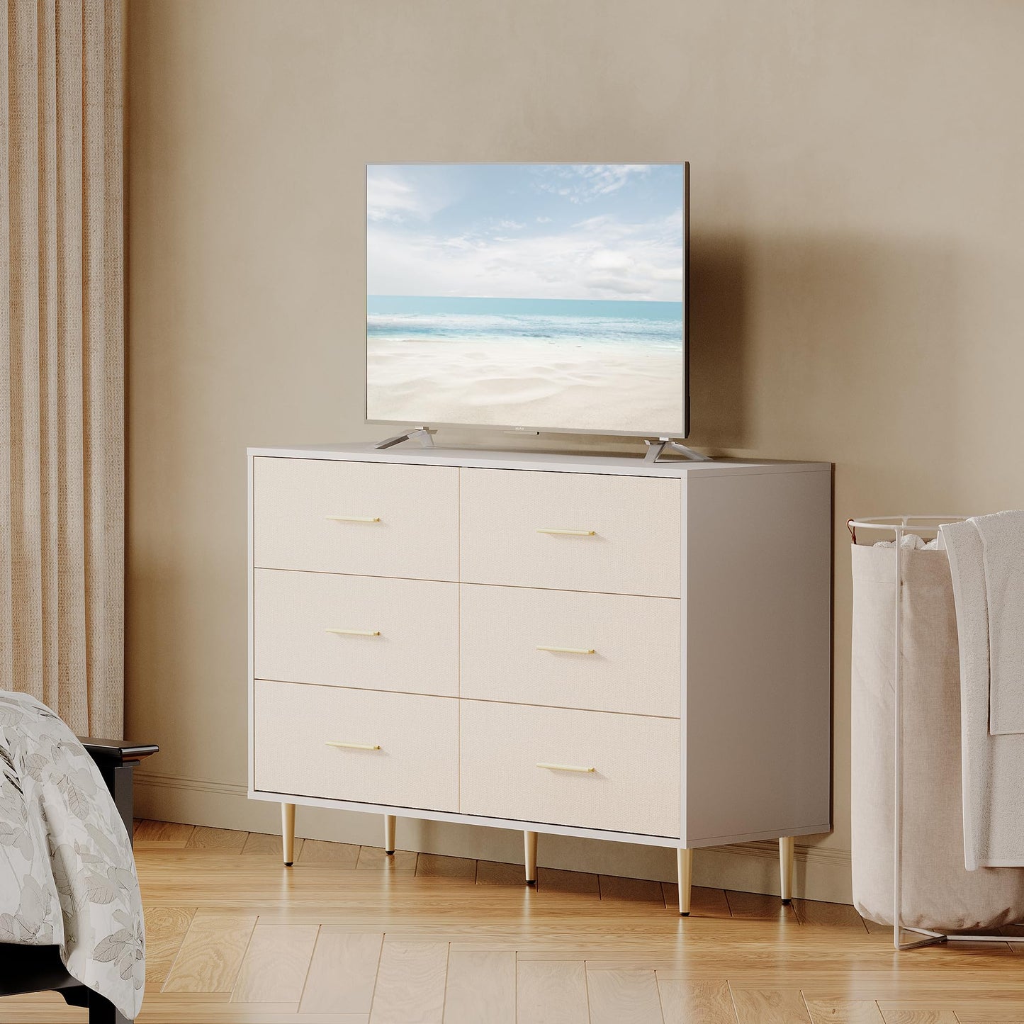 IDEALHOUSE 6 Drawer Dresser, Modern White Chest of Drawers with Gold Metal Legs and Handles, Large Wooden Dresser with Drawers, Storage Cabinet for Bedroom, Living Room, Entryway